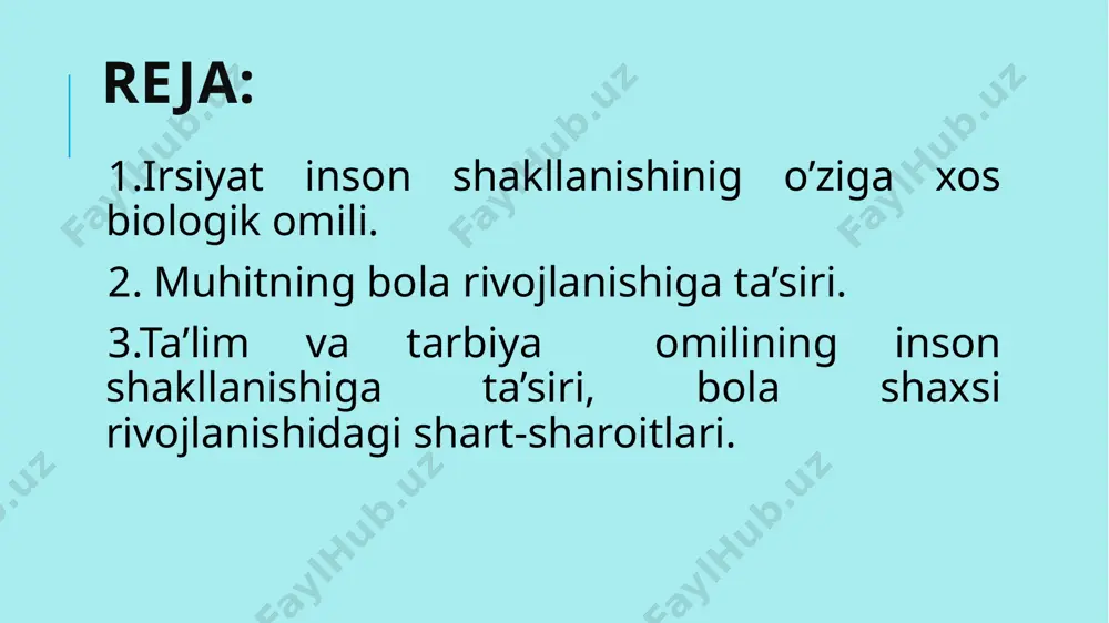 araqqiy etib borishi, uning shaxs bo’lib kamolga yetishida nasi (biologik omil), ijtimoiy muhit (bola yashaydigan sharoit), shuningdek, maqsadga muvofiq amalga oshadigan tarbiya ham birdek ahamiyatga ega. bu omillarning ta’sirini aniqlashda ilg'or pedagogik olimlar, psixolog va faylasuflar ta’limotiga suyaniladi. falsafada shaxsni jamiyat bilan bog'liq bo'lgan ijtimoiy hayotdagi murakkab voqelik deb qaraladi. ular individning ma’naviy boyligi uning munosabatlariga bog'liq, deb hisoblaydilar. falsafiy-antropologik yondashuv o'zining tadqiqotchilik va tarbiyaviy fimksiyasiga ko'ra o'quvchining ma’naviy dunyosiga yo‘naltirilgandir. ana shu sababli mazkur yondashuv pedagogikadagi mavjud boshqa ilmiy yoki gnoseologik yondashuvlardan farqli ravishda muloqot va o'zaro bir-birini tusbunish asosida ta’lim-tarbiya jarayonini tashkil etishni talab etadi. mazkur yondashuvning o‘ziga xosligi ta’lim-tarbiya jarayonining barcha subyektlariga nafaqat dunyoqarash ko‘rinishida, balki mavjudlik usuli tarzida qarashni talab etadi. mazkur mavjudlik usulini birinchi navbatda borliqni anglab etish sifatida tushunish lozim. ikkinchidan, mazkur mavjudlik usulini uzluksiz ravishda o‘z- o‘zi, boshqalar va boshqa madaniyatlar bilan muloqot tarzi sifatida aniqlashtirish maqsadga muvofiqdir. shaxsga ijtimoiy muhitning ta’siri ham …