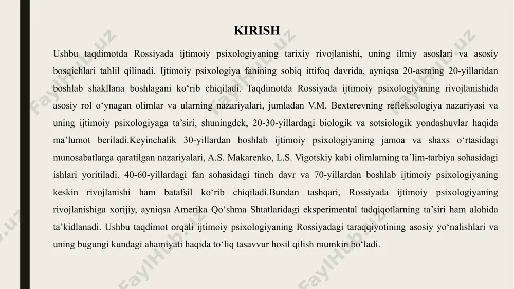 xs va uning ijtimoiy guruhdagi o‘rni va faoliyati hisoblanadi. ijtimoiy psixologiya o‘ziga xos yondashuvi bilan boshqa psixologiya tarmoqlaridan ajralib turadi, chunki u individual xulq-atvorni ijtimoiy kontekstda, jamiyat bilan bog‘liq holatda tahlil qiladi. sovet davri konteksti 1920–1930-yillarda sssrda ijtimoiy va siyosiy sharoit keskin o‘zgarishlarga yuz tutdi. inqilobdan keyingi davrda yangi ijtimoiy tartib o‘rnatildi, sanoatlashuv va kollektivlashtirish boshlangan edi. bu davrda siyosiy va ijtimoiy nazorat kuchaytirildi, jamiyatda markazlashgan hokimiyat kuchayib, siyosiy ideologiya barcha sohalarga ta’sir ko‘rsatdi.psixologiya faniga nisbatan ham o‘sha paytda siyosiy nuqtai nazardan keskin munosabat shakllandi. tadqiqotlar ko‘proq marksistik-leninizmdan kelib chiqib, odamlarning xulq-atvorini va ongini jamiyatning yangi ijtimoiy sharoitlariga moslashtirishga qaratildi. shuning uchun psixologiya, ayniqsa ijtimoiy psixologiya, siyosiy vazifalar bilan bog‘liq holda rivojlana boshladi. 1920–1930-yillar: ilk bosqich v.m. bekhterev hayoti va faoliyati. vladimir mixaylovich bekhterev – rus psixologi, nevrolog va fiziolog bo‘lib, 1857-yilda tug‘ilgan va ijtimoiy psixologiyaning rossiyadagi shakllanishida muhim o‘rin tutgan. u inson xulq-atvorini ilmiy asosda o‘rganishga harakat qilgan va …