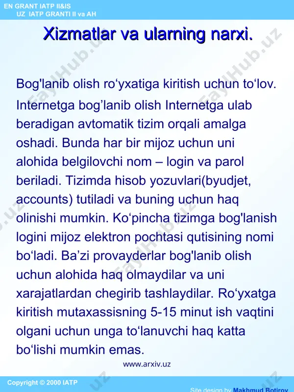 nga uzatishni so‘raydilar. provayderlar bunga qo‘shimcha haq oladilar. copyright © 2000 iatp site design by makhmud botirov en grant iatp ii&is uz iatp granti ii va ah www.arxiv.uz www.arxiv.uz * marshrutlashtirish va dns ni quvvatlash bo‘yicha xizmatlar domen nomini ro‘yxatdan o‘tkazish. mijoz o‘z domeni nomiga ega bo‘lishi – uning obro‘si. agar mijoz uning elektron pochtasi yoki vebsayti noyob nom (masalan, your_name@name.uz va www.name.uz)ga ega bo‘lishni istasa, u domen egasiga yoki vositachiga murojaat etishi kerak. ehtiyot bo‘ling! vositachilar mutlaqo bepul xizmat uchun ham haq olgan hollar uchrab turadi. domen nomini ro‘yxatdan o‘tkazish aslida bu nomdan foydalanish huquqini qo‘lga kiritish xolos. odatda, domenlar nomi 1 yil muddatga ro‘yxatdan o‘tkaziladilar; undan keyin kelgusi har yili qayta ro‘yxatdan o‘tkazib borish lozim. dns da ro‘yxatdan o‘tkazish domen nomi muayyan elektron pochta qutisini yoki saytni belgilash uchun u domenlar nomi sistemaci(dns) dagi biror dns serverida ro‘yxatdan o‘tkazilishi lozim. har bir provayder odatda o‘z xususiy dns serveriga …