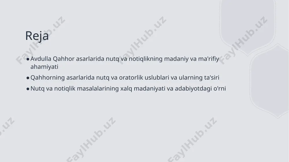 yotdagi nutq uslublari avdulla qahhor va boshqa yozuvchilar nutq uslublarini adabiyotda keng qo'llab, madaniyat va tarbiyada muhim o'rin tutgan, xalq fikrini ifoda etishda yordam beradi. avdulla qahhor asarlarida nutq va notiqlik orqali ma'rifat va madaniyatni rivojlantirish. 1 nutq va ma'rifat rivoji qahhorning asarlarida nutq san'ati ma'rifat va madaniyatni kengaytirishga xizmat qiladi, yoshlarni fikrlash va xalqlik ruhida tarbiyalash asosiy maqsad bo‘ladi. 2 oratorlik va xalq madaniyati uning oratorlik uslublari xalq madaniyatiga chuqur bog‘liq bo‘lib, milliy identitet va tarixiy qadriyatlarni avlodlarga etkazishda muhim rol o‘ynaydi. 3 madaniyatni tarqatish usullari qahhorning nutq uslublari orqali madaniyat va ma'rifatning ommaviy shakllantirilishi, xalqning ongini yuksaltirish va ma'rifatli jamiyat qurishga xizmat qiladi. qahhorning asarlarida nutq va oratorlik uslublarining madaniy va ma'rifiy ahamiyati 01 madaniy ahamiyat qahhorning asarlarida nutq va oratorlik uslublari milliy madaniyatni rivojlantirishda muhim rol o'ynagan, milliy identitet va adabiyotga katta ta'sir ko'rsatgan. 02 ma'rifatli ta'sir ularning uslublari xalqni ma'rifatga chaqirgan, axloqiy va ma'naviy qadriyatlarni mustahkamlashda, …