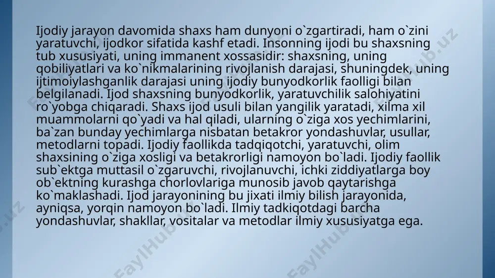 n va hodisalarni tushunish va bilishga, umumlashtirishga, yangilarini bashorat qila olishga imkon beradigan ilmiy tamoyillar va qonunlarni, tadqiqot metodlarini shakllantiradi. shuningdek, nazariya olingan bilimlardan insonlarning amaliy faoliyatida foydalanish bo`ycha tegishli tavsiyalar manbaasi hamdir. ilmiy qonunlar- ilmiy bilimlar tizimidagi muhim tarkibiy qism bo`lib, ular tabiat, jamiyat va inson tafakkuridagi eng ahamiyatli, ustivor va takrorlanuvchi ob`ektiv ichki aloqalarni aks ettiradi. ilmiy qonunlar, odatda, umumiy tushunchalar, kategoriyalar sarasiga kiritiladi. gipoteza- ilmiy bashoratning bir turi bo`lib, uning ishonchli ilmiy nazariyaga aylanishi uchun tajribada sinab ko`rilishi va nazariy asoslanishi talab etiladi. ilmiy bilishning umumiy va maxsus metodlari - ilm-fandagi masalalar nazariyalarni yaratish, borliqning ob`ektiv qonunlarini tashkil etish, ilmiy faktlarni aniqlash kabilarni yechishning quroli bo`lib xisoblanadi. umumiy metodlar uch guruhga bo`linadi: 1) empirik tadqiqot metodlari (kuzatish, taqqoslash, o`lchash, eksperiment); 2) nazariy tadqiqot metodlari (abstraktlikdan konkretlikka ko`tarilish va b.); 3) empirk va nazariy tadqiqot metodlari (analiz va sintez, induksiya va deduksiya, modellashtirish, abstraktlashtirish va b.). kuzatish - …