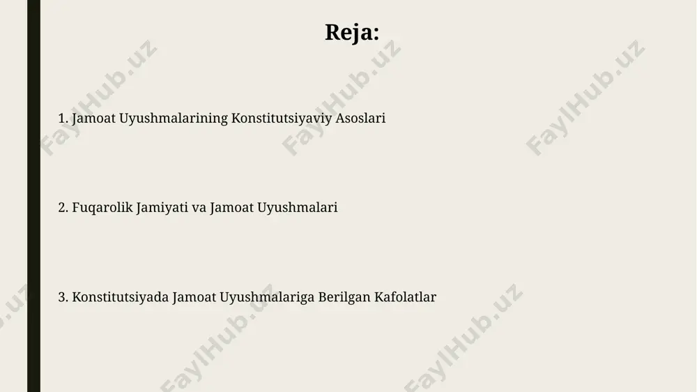 , ammo bu qonun hujjatlariga rioya qilish sharti bilan ta'minlanadi. konstitutsiyaning 32-moddasi fuqarolarning uyushish erkinligini kafolatlab, siyosiy partiyalar, kasaba uyushmalari va boshqa jamoat birlashmalari tuzish huquqini ta'minlaydi. umumiy uyushmalar faoliyatining nazorati umumiy uyushmalar faoliyatining moliyaviy hisobotlarini 3 yilda bir marta auditdan o'tkazish majburiyati, bu ularning shaffofligini ta'minlashga qaratilgan. davlat organlarining umumiy uyushmalar faoliyatiga aralashuvining chegaralari konstitutsiyaning 25-moddasi va 26-moddasi bilan belgilanadi. umumiy uyushmalar faoliyatining huquqiy asoslari umumiy uyushmalar faoliyatining huquqiy asoslari o'zbekiston respublikasi konstitutsiyasining 31-moddasi va 77-moddalarida aks ettirilgan bo'lib, ular fuqarolarning birlashish erkinligini kafolatlaydi. uyushmalar faoliyatini tartibga soluvchi 1998-yilgi "jamoat birlashmalari to'g'risida"gi qonun, ularning ro'yxatdan o'tkazilish tartibi, huquq va majburiyatlarini aniq belgilab beradi. umumiy uyushmalar va xalqaro huquq jahon sog'liqni saqlash tashkiloti (jsst) yoki bmtning boshqa agentliklari kabi xalqaro tashkilotlar umumiy uyushmalar faoliyatini qo'llab-quvvatlash va ularga texnik yordam ko'rsatish orqali ularning rolini mustahkamlashga yordam beradi. xalqaro shartnomalar, masalan, fuqarolik va siyosiy huquqlar to'g'risidagi xalqaro pakt (1966) kabi, umumiy uyushmalarga …