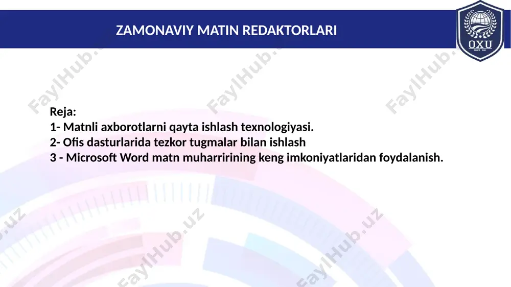 ctrl + x, yoki shift delete - tanlab olingan matn qismi nusxasini xotiraga ko‘chirib (qirkib) olish. ctrl + c, yoki ctrl insert, - tanlab olingan matn qismi nusxasini xotiraga olish ctrl + v, yoki shift insert - xotirada joylashgan matn qismini chiqarib kursor turgan joyiga qo‘yish ctrl + a, yoki ctrl num5 - butun matnni tanlash ctrl + f - butun matnda biror bir so‘z yoki jumlani izlash ctrl + h - butun matnda biror bir so‘z yoki jumlani topib uning o‘rniga boshqa so‘z yoki jumla bilan almashtirish delete - tanlab olingan matn qismi yoki kursordan o‘ng tomonda joylashgan belgilarni o‘chirish f7 - butun matnning imlo xatolarini tekshirish ofis dasturlarida tezkor tugmalar bilan ishlash shift f7 - tanlangan so‘zning sinonimlarini topish f12 - ekranda ochiq bo‘lgan faylni qayta nomlash alt + ctrl i - bosmaga tayyorlangan xujjatni saxifaga joylashishini oldindan ko‘rish. ctrl + e - matnni (kursor turgan abzatsni) markaz …
