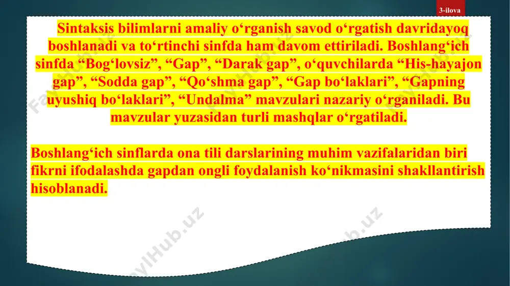 o‘quvchiliar gapni tahlil qiladilar va ular qaysi gap bo‘lagiga bog‘lanib, uni izohlab kelayotganini aniqlaydilar. ikkinchi darajali bo‘laklarning xususiyati gapni yoyish (yig‘iq gapni yoyiq gapga aylantirish) jarayonida yaqqol ko‘rinadi. masalan, o‘quvchilar qaldirg‘ochlar uchib keldi gapini yozadilar. fikrni to‘liq ifodalash uchun gapga qayerga? va qachon? so‘roqlariga javob bo‘lgan so‘zlarni qo‘yish topshiriladi. o‘quvchilar bu vazifani bajarib, qaysi gap bo‘lagi (ikkinchi darajali bo‘lak)fikrni yana aniqroq ifodalaganiga ishonch hosil qiladilar. o‘quvchilarda gapda so‘zlarning bog‘lanishini aniqlash ko‘nikmasini shakllantirish muhim sintaktik va nutqiy ko‘nikmalar qatoriga kiradi. so‘z birikmasi gap qismi sifatida ajratiladi va boshlang‘ich sinflarni uning muhim belgilari idrok qilinadi. ”so‘z birikmasi” atamasi darsliklarga kiritilmagan, ta’rifi berilmaydi. ammo kichik yoshdagi o‘quvchilar uning quyidagi muhim belgilarini amaliy bilib olishlari zarur: 1. so‘z birikmasi mazmun va grammatik tomondan bog‘langan ikki so‘z. masalan, dunyo xalqlari tinchlik uchun kurashadilar gapida ikki so‘z birikmasi bor: 1) dunyo xalqlari; 2) tinchlik uchun kurashadilar. 2. so‘z birikmasida bir so‘z hokim ikkinchi so‘z tobe bo‘ladi. …