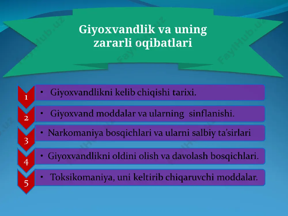 ogolizm nashavandlik 4 - tabainizm, morfinizm + nashavandlik + tamaki, nasha chekishlik va shu kabilar bo’lishi mumkin klinik jihatdan organizmning zaharlanishi natijasida tegishli o’ziga xos belgilar, abstsinent sindromlardan tashqari og’ir hayot uchun havfli belgilar — ko’rinishida xunuklik, harakatida gangishlik, psixozlar, gallyutsinatsiyalar, komatoz holat, axiri o’zini-o’zi o’ldirishlikka intilishliklar paydo bo’ladi va bundaylar tezda juvonmarg-yoshgina umri hazon bo’ladi. jahon sog’liqni saqlash tashkiloti (voz) ta’biriga ko’ra narkotik moddalar deb quyidagi mezon-o’lchov belgilangan 1-rasm.narkotiklar va dori vositalarining yurak qismlariga ta’sir etish joylari talamus orqa miya uzunchoq miya miyacha o`rta miya bosh miya miya gipotalamus bosh miya o’rta miya miyacha uzunchoq miya orqa miya «qoradori» va boshqa narkotiklarning keltirib chiqaradigan salbiy ta’sirlari opiy preparatlari — narkotiklari vena qon tomiriga yuborish yo’li bilan qabul qilinsa, sifilis (zaxm), gepatit (sariq kasalligi) va boshqalarni, ayniqsa birinchi galda spid (oits) kasalligini keltirib chiqarib, oqibatda organizmning himoya quvvatini — immunitetni pasaytiradi. o’lim va nogironliklarning kelib chiqishida eng katta sababchi bo’layotgan …