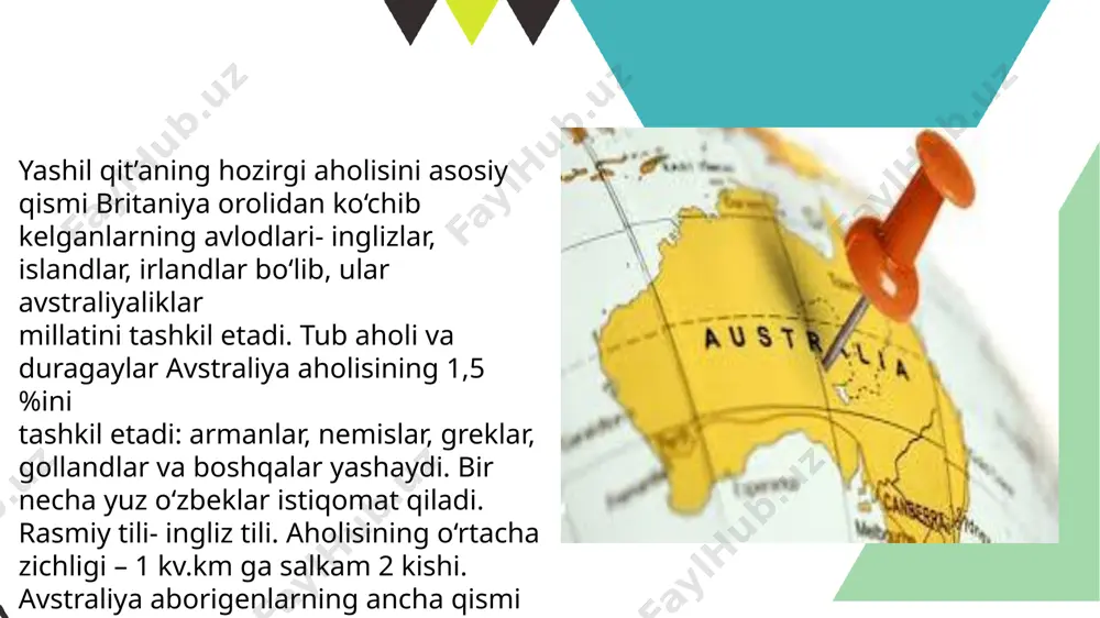 rining etnonimlariga ham aylangan. aborigenlar yaratgan musiqiy asbob voyaga yetgan o‘spirinlarni kattalar guruhiga o‘tkazishda maxsus initsiatsiya marosimi amalga oshirilgan. iqtisodiy yoki sotsial tabaqalanish bo‘lmaganligi tufayli avstraliyaliklar jinsiga qarab bo‘lingan. shuning uchun ham, masalan, o‘g‘il bolalarni ovchilar guruhiga o‘tkazish uchun bolaning yoshligidan tarbiyalashgan. dastlab, ular voyaga yetgach boshqalardan ajratib qo‘yilgan va ba’zi taomlarni iste’mol qilish ma’n qilingan, tishlarini urib sindirish, badanini jarohatlash, o‘tda tutatish kabi jismoniy sinovlardan o‘tkazilgan. bir necha yilga cho‘zilgan initsiatsiya marosimlarida yoshlarni qabila urf odatlari, afsona va rivoyatlari bilan tanishtirganlar, qariyalarni hurmatlash va tartib-qoidalarga qattiq rioya qilishni, ovchilik va boshqa kasb sirlarini egallash mahoratini o‘rgatganlar. initsiatsiya davri voyaga yetgan o‘g‘il bolalarni sunnat qilish marosimi bilan tugaydi initatsiya aborigenlar: chapda: raqsga tushishi, o'ngda mevalardan iborat bosh kiyim avstraliyani odatda totemizm vatani deydilar. eng ibtidoiy din shakllaridan biri hisoblangan totemizm falsafasi bilan uyg‘unlashib ketgan kishilar, urug‘ yoki qabilalar o‘zlarini muayyan moddiy buyumlar, asosan, ayrim jonivorlar yoki o‘simliklar bilan yaqin qavm-qardosh, …