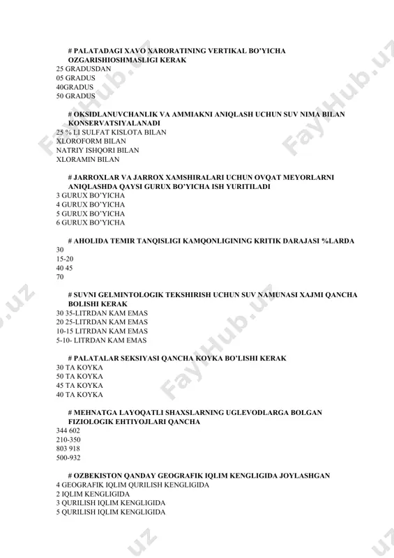 2 iqlim kengligida 3 qurilish iqlim kengligida 5 qurilish iqlim kengligida # kasalxona palatasining maksimal sigdirishi meyori qancha 4 koyka 5 koyka 3 koyka 2 koyka # qaysi shovqinlar orta chastotali hisoblanadi 400 gs,500 gs,600 gs 200 gs,500 gs,600 gs 300 gs,500 gs,600 gs 800 gs,500 gs,600 gs # korxonalarda qancha ishchiga tibbiy sanitariya qismi tashkil qilinadi 4000 odam va undan kop (bir xillar uchun 2000 dan ko’p) 2000 odam va undan kop (bir xillar uchun 1000 dan ko’p) 3000 odam va undan kop (bir xillar uchun 3000 dan ko’p) 5000 odam va undan kop (bir xillar uchun 4000 dan ko’p) # agar ratsionda 100 gr oqsil bolsakarbonsuvlar miqdori qancha buladi 460g 200g 300g 530g # tog kon va er ostida ishlovchilarining ovqatlanish ratsionini hisoblashda mehnat jadalligining qaysi guruhiga kiritiladi 5 guruhga 3 guruhga 4 guruhga 2 guruhga # sutning kraxmal bilan qalbakilashtirilganligni aniqlashdagi qanday aniqlaniladi 5 7 ml sutni …