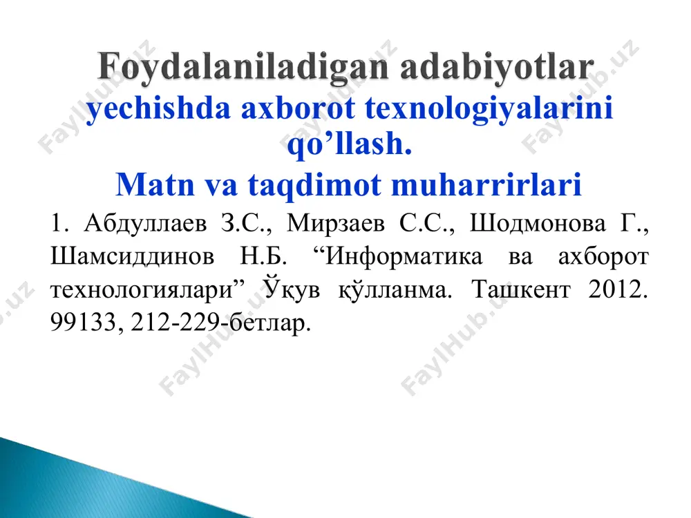 ishlash. · мa’lumotlar hisob-kitobi va tahlili. · grafik, prezentatsiya va rasmlarni hosil qilish va tahrirlash. · katta hajmdagi va turli sohaga tegishli axborotlar uchun ma’lumotlar bazasini yaratish va uni qayta ishlash. · foydalanuvchilarning shaxsiy аxborot tizimlarini yaratish va hakozalar. · ms wordda ham asosiy menyular qatori, vositalar paneli, ish oynasi, xolat qatori bor. · ms word dasturi matn muharriri, unda matnlar ustida ishlash mumkin. · ms wordda jadvalli ma’lumotlarni yaratish mumkin. · yaratgan matnga har xil rasmlarni o’rnatish mumkin. · ms wordda bir nechta hujjatni bir–biriga qo’shish mumkin. microsoft word eng mashhur matnlar ustida ishlash dasturiy ta’minot ilovasidir. matnlar ustida ishlash dasturiy ta’minoti matnli fayllarni yaratish, o’zgartirish, formatlash, nashr qilish va saqlash uchun xizmat qiladi. ular ichidan eng mashhurlari: microsoft word; writer; wordpad; text editor; star word. word protsessorlari eng ko’p tarqalgan dasturiy ta’minot ilovalaridan hisoblanadi. bu dasturda hosil qilingan hujjat dokument(hujjat) deb ataladi va u .doc kengaytmasiga ega bo’ladi. …
