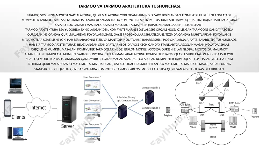 an har bir qurilma tarmoq elementi bo’ladi oladi. 1996 yildagi telekommunikatsiyalar to'g'risidagi qonunga binoan "tarmoq elementi" atamasi telekommunikatsiya xizmatini ko'rsatishda foydalaniladigan ob'ekt yoki uskunani anglatadi. bunday atama shuningdek, ushbu ob'ekt yoki uskunalar orqali taqdim etiladigan xususiyatlar, funktsiyalar va imkoniyatlarni, shu jumladan abonent raqamlari, ma'lumotlar bazalari, signalizatsiya tizimlari va hisob-kitob qilish va yig'ish uchun etarli bo'lgan ma'lumotlarni uzatish, marshrutlash yoki boshqa ta'minotni o'z ichiga oladi.tarmoq elementlarning standartlari, ishlash ko’lami, imkoniyati, tarmoqda foydalaniladigan nuqtasi va boshqa jihatlariga qarab guruhlarga ajratiladi. bu guruhlarga ajratish va ularni boshqari jarayoni pog’onali arxitekturada amalga oshiriladi. misol uchun foydalanuvchi yashash manzili qismida foydalaniladigan tarmoq elementlari, magistral linyalarda yoki operator binoasida foylashtiriladigan tarmoq elementlari. pog’onali arxitektura tushunchasi ham - bu boshqaruv tizimining bir shakli tarmoqning elementlari, protokollari, interfeyslar, qurilmalari ma’lumot bir pog’onaga mantiqan tegishli bo’ladi pog’onali daraxtga joylashtirilgan qurilmalar va boshqaruvchi dasturlar to'plamini o'z ichiga oladi tarmoq topologiyalari tarmoq topologiyasi - bu aloqa tarmog'i elementlarining joylashuvi. tarmoq topologiyasi …