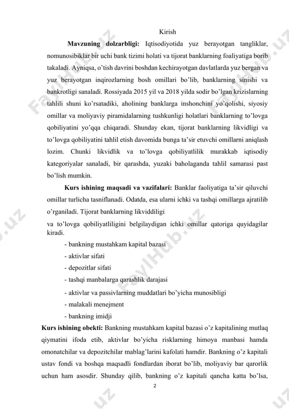 fondlardan iborat bo’lib, moliyaviy bar qarorlik uchun ham asosdir. shunday qilib, bankning o’z kapitali qancha katta bo’lsa, likvidliligi ham shuncha yuqori bo’ladi. shuningdek, to’lovga layoqatlilik ham o’z kapitali hisoblanadi. aktivlar sifati asosan to’rt xil mezon asosida aniqlanadi: likvidlilik, risk darajasi, daromadlilik va diversifikatsiya bo’yicha. aktivlarning likvidligi shu aktivlarning pul shakliga o’tish layoqatidir. likvidlik xizmatidan aktivlar bir necha guruxlarga ajraladi. birinchi guruhga yuqori likvidli aktivlar - kassa va vakillik hisobvaragidagi mablag’lar hamda davlatning qimmatli qogozlarni kiritish mumkin. ikkinchi guruxga qisqa muddatli ssudalar, banklararo kreditlar, faktoring operatsiyalari va aktsionerlik jamiyatlarning tijoriy qimmatli qog’ozlari tashkil etadi. ular shakliga o’tishning muddatli xarakteriga ega. uzoq muddatli investitsiyalar, qo’yilmalar va lizing operatsiyalari uchinchi guruhx likvid aktivlarni tashkil etadi. nixoyat, to’rtinchi guruh likvid aktivlar muddati uzaytirilgan ssudalar, bino va inshootlardan iborat. risk darajasi bo’yicha ham aktivlar to’rt guruhga ajratiladi va mos holda 0,20, 50, 100% lik risk darajasiga ega aktivlardan iborat. shuni ta’kidlash lozimki, risk darajasi qanchalik …