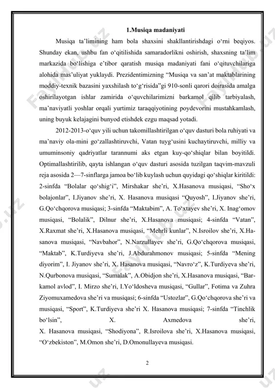 usiqasi, “gullar”, fotima va zuhra ziyomuxamedova she’ri va musiqasi; 6-sinfda “ustozlar”, g.qo‘chqorova she’ri va musiqasi, “sport”, k.turdiyeva she’ri x. hasanova musiqasi; 7-sinfda “tinchlik bo‘lsin”, x. axmedova she’ri, x. hasanova musiqasi, “shodiyona”, r.isroilova she’ri, x.hasanova musiqasi, “o‘zbekiston”, m.omon she’ri, d.omonullayeva musiqasi. o‘quvchilarning musiqaga qiziqishi, o‘zlashtirish samaradorligini oshirish uchun o‘qituvchilar quyidagi jihatlarni e’tiborga olgan holda darslarni rejalashtirishi lozim: — nazariy mashg‘ulotlarda o‘quvchilarda musiqa savodi haqida umumiy tushunchani shakllantirish va notalar haqida bilim berish; — musiqiy cholg‘ularni xususiyatiga ko‘ra guruhlarga bo‘lib o‘rgatish; — dirijorlik qoidalari va ko‘nikmalarini shakllantirishda o‘quvchilarga tanish bo‘lgan musiqiy asarlardan foydalanish. o‘qituvchilar shunga asosiy e’tibor qaratishi lozimki, amaliy mashg‘ulotlarda o‘quvchilar tinglash, jamoa bo‘lib kuylash, musiqaga ritmik jo‘r bo‘lish faoliyat turlarini bajaradilar. qo‘shiq o‘rgatishdan avval ovoz sozlash mashqlari bajariladi. bunda ovozning sof, tiniq sozlanishiga erishish va o‘quvchilarni toliqtirib qo‘ymaslik uchun notalar o‘rniga so‘zlar qo‘yib, musiqiy shaklda kuylanadi. bunday kuylash o‘quvchilarning talaffuzi rivojlanishini ham ta’minlaydi. ovoz sozlash mashqlari bolalarga yaqin she’riy misralar, …