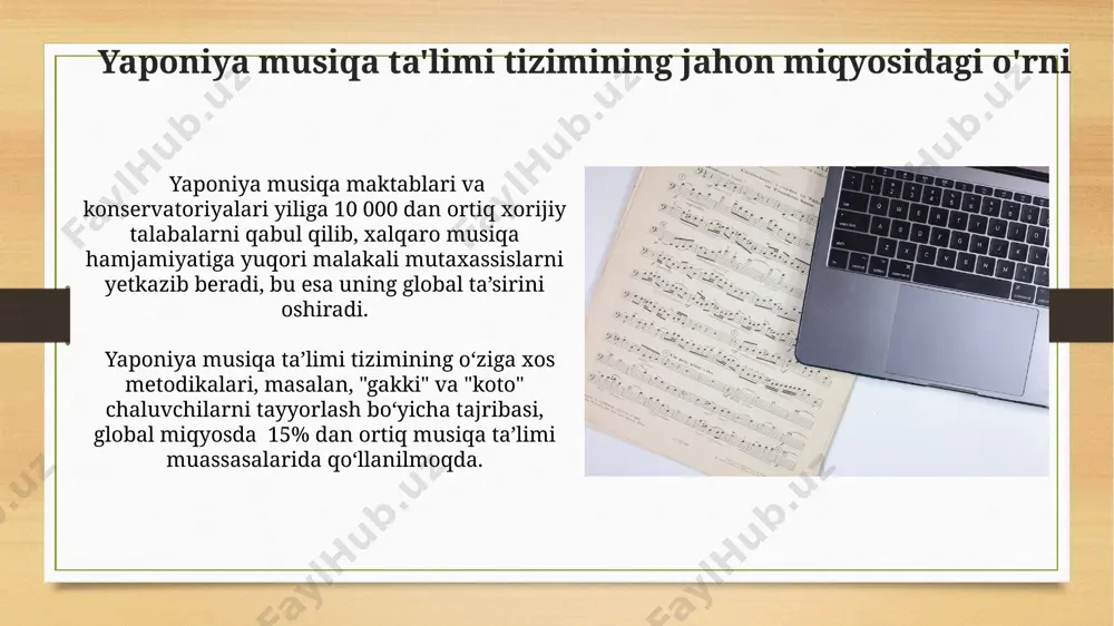 tiq o‘quv dasturi mavjud. boshlang'ich ta'limda musiqa boshlangʻich taʼlimda musiqa taʼlimi, asosan, 1-6 sinflarda qoʻshiq kuylash, sodda musiqa asboblarida chalish va ritmni oʻrganishga qaratiladi, haftada oʻrtacha 1-2 soat ajratiladi. yosh bolalar uchun maxsus ishlab chiqilgan, "kodomo ongaku" kabi qoʻllanmalar orqali musiqa nazariyasi va amaliyoti oʻrgatiladi, unda 50 dan ortiq qoʻshiq va oʻyinlar mavjud. xususiy musiqa ta'limi muassasalari кўпгина хусусий мусиқа мактабларида ўқувчиларга 5 ёшдан бошлаб мусиқа назарияси ва амалий машғулотлар бўйича индивидуал ёки гуруҳли дарслар таклиф этилади. япониядаги хусусий мусиқа таълими муассасаларининг 70% дан ортиғи фортепиано, скрипка ва виолончел каби классик асбобларни ўргатишга ихтисослашган. musiqa maktablari va konservatoriyalari yaponiya musiqa maktablari va konservatoriyalarida o'qitiladigan asosiy asboblarga pianino, skripka, violonchel va shamollatiladigan asboblar kiradi, shuningdek, xor qo'shiqchiligiga ham katta e'tibor qaratiladi. япониядаги 100 dan ortiq musiqa maktablari va konservatoriyalari, shuningdek, 50 dan ziyod xususiy musiqa maktablari mavjud bo'lib, ularning aksariyati klassik musiqa ta'limini taklif qiladi. e'tiboringiz uchun rahmat @taqdimot_robot image7.jpg image8.jpg …