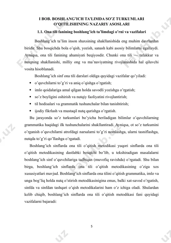 i, ona tilidan elem entar nazariy tushunchalarni amaliy o’zlashtirishlari ham nazarda tutiladi. boshlang’ich sinflarda ona tili o’qitish metodikasi fani quyidagi bo’limlarni o’z ichiga oladi: 1. savod o’rgatish metodikasi, ya’ni elem entar o’qish va yozishga o’rgatish. bolalarga savod o’rgatish pedagogika fanidagina emas, balki ijtimoiy hayotda ham juda jiddiy masalalardan hisoblanadi. chunki xalqning savodxonligi mustaqillik uchun, siyosiy onglilik uchun, madaniyat uchun kurash qurolidir. 2. o’qish metodikasi. boshlang’ich sinflarda o’qish predm etining vazifasi bolalarni to’g’ri, tez (me’yorida), ongli va ifodali o’qish m alakalari bilan qurollantirish hisoblanadi. 3. grammatika, fonetika, so’z yasalishini o’rganish metodikasi. bu bo’lim elem entar to’g’ri yozuvga va husnixatga o’rgatishni, gram m atik tushunchalar, boshlang’ich imlo malakalarini shakllantirishni nazarda tutadi. 4. nutq o’stirish metodikasi. bu bo’lim boshlang’ich sinflarda alohida o’rin tutadi. bolalar birinchi navbatda tilni, nutqni o’quv predmeti sifatida anglaydilar, ular xohlagan va qiziqarli narsalarnigina emas, balki zaruriy narsa va hodisalar haqida o’ylab, rejali nutq tuzish zarurligini ham tushuna boshlaydilar. ular …