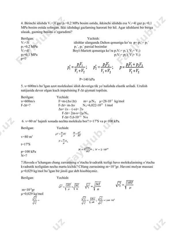 sdan tekis harakatlanishi uchun qanday n chastota bilan aylantirish kerak? berilgan: yechish: l=50 sm f-mg=man d=1 mm an= υ2/l υ=2πl/t=2πln m=1 kg an=4π2 l n2 f=m(g+4π2 l n2) n=? shart bajarilganda sim uzilmaydi n=3,4 gs 2. uzunligi l=1m va raduisi r=1 mm bo’lgan po’lat sigma m=100 kg massali yuk osilgan. simning cho’zilishida bajarilgan ish topilsin. berilgan: yechish: l=1m guk qonuniga asosan nisbiy cho’zilish δl/l=1/e(f/s) r=1 mm f=e⸳s⸳δl/l elastiklik kuchi f=k⸳δl m=100 kg e⸳s⸳δl/l= k⸳δl k= e⸳s/l a=? simni cho’zuvchi kuch f=mg s=πr2 3. rasmda ab temir sim, cd mis sim, ularning uzunligi va ko’ndalang kesim yuzasi bir xil. bc uzunligi l=80 sm bo’lgan sterjn. shu sterjnga m=2 kg massali yuk osilgan. sterjn gorizontal holatda qolishi uchun b nuqtadan qanday x masofada uni sterjnga joylashtirish kerak. berilgan: yechish: l=80 sm f1x=f2(l-x) δl/l=1/e(f/s) ligidan bir xil m=2 kg deformatsiyada f1/e1=f2/ e2 (l-x)/x= e1/ e2 x=? e2 ⸳ (l-x) = x ⸳e1 x= …