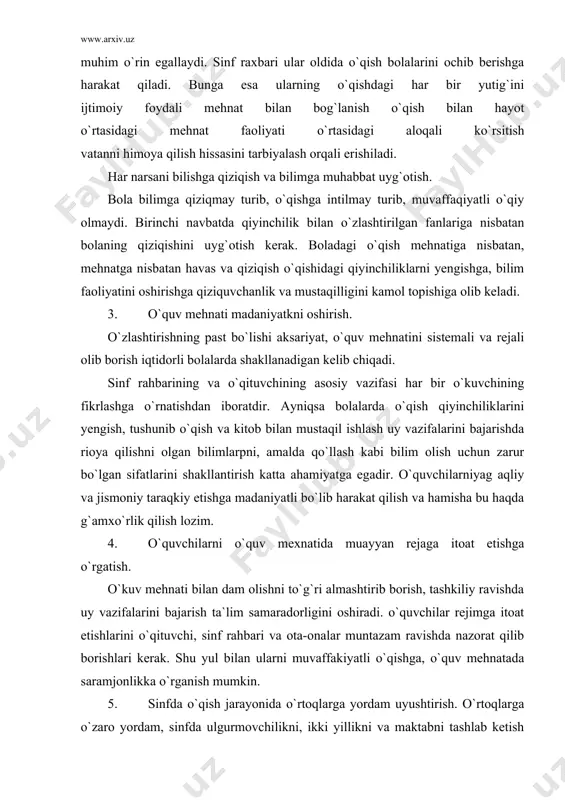 ssini tarbiyalash bilimning sifatli bo`lishi bolaning o`qishga bo`lgan intilishi, qiziqishiga ularning harakatchangligiga, diqaqatiga faoliyatiga tashabbuskorligiga, mustaqilligiga bog`liqdir. bunday sifatlarni o`kuvchilarda shakllantirish, ularga o`quv mehnatining ijodiy ahamiyati tushuntirish va o`quv mashgulotlariga mas`uliyat bilan yondashish o`quvchilardan talab etish sinf rahbarining faoliyatiga muhim o`rin egallaydi. sinf raxbari ular oldida o`qish bolalarini ochib berishga harakat qiladi. bunga esa ularning o`qishdagi har bir yutig`ini ijtimoiy foydali mehnat bilan bog`lanish o`qish bilan hayot o`rtasidagi mehnat faoliyati o`rtasidagi aloqali ko`rsitish vatanni himoya qilish hissasini tarbiyalash orqali erishiladi. har narsani bilishga qiziqish va bilimga muhabbat uyg`otish. bola bilimga qiziqmay turib, o`qishga intilmay turib, muvaffaqiyatli o`qiy olmaydi. birinchi navbatda qiyinchilik bilan o`zlashtirilgan fanlariga nisbatan bolaning qiziqishini uyg`otish kerak. boladagi o`qish mehnatiga nisbatan, mehnatga nisbatan havas va qiziqish o`qishidagi qiyinchiliklarni yengishga, bilim faoliyatini oshirishga qiziquvchanlik va mustaqilligini kamol topishiga olib keladi. 3. o`quv mehnati madaniyatkni oshirish. o`zlashtirishning past bo`lishi aksariyat, o`quv mehnatini sistemali va rejali olib borish iqtidorli bolalarda shakllanadigan …