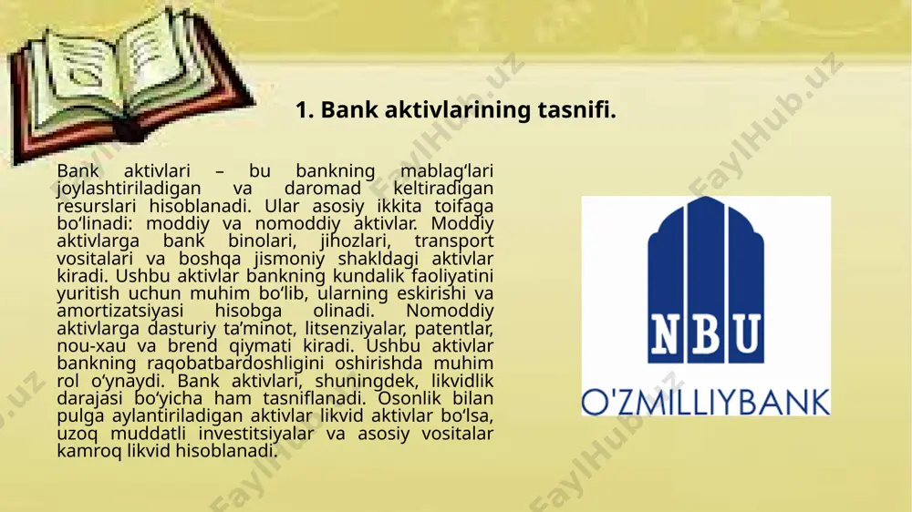 arini ham o‘z ichiga olishi mumkin. keyinchalik, aktivlar eskirishga uchrashi sababli ularning qiymati amortizatsiya orqali pasaytiriladi. nomoddiy aktivlarning hisobga olinishi moddiy aktivlardan farqli ravishda biroz murakkabroq bo‘lib, ularning qiymatini aniq belgilash ba’zan qiyinchilik tug‘dirishi mumkin. nomoddiy aktivlar ham dastlabki xarid yoki ishlab chiqish xarajatlari asosida balansga kiritiladi. masalan, dasturiy ta’minot, patentlar yoki litsenziyalar sotib olinganda, ularning sotib olish narxi asosida hisobga olinadi. agar nomoddiy aktiv bank tomonidan yaratilgan bo‘lsa, uni hisobga olish uchun tegishli xarajatlar aniq hujjatlashtirilishi va aktivning bozor qiymatini hisoblash mumkin bo‘lishi kerak. nomoddiy aktivlarning amortizatsiyasi ham amalga oshiriladi, lekin bu jarayon ularning foydali xizmat muddati va aniq baholanishiga bog‘liq. masalan, dasturiy ta’minot 5–10 yil ichida eskirishi mumkin, patentlar esa ma’lum muddatgacha amal qiladi va shu davr ichida ularning qiymati pasayib boradi. 3. moddiy va nomoddiy aktivlarning baholash usullari. moddiy aktivlar jismoniy shaklga ega bo‘lib, ularni baholash bir nechta usullar asosida amalga oshiriladi. dastlabki qiymat usuli aktivlarni sotib …