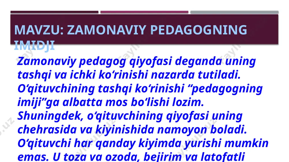 mlardan umumiy xulosaga kelish va boshlang’ich sinf o’quvchilarning huquqiy tarbiya va ta’lim haqidagi tushuncha, bilimlarini yanada boyitishdan iborat. oltinchidan, dars o‘tishning innovatsion metodlari va metodikalarini yaxshi bilishi hamda ularni darsda mohirlik bilan qo‘llay olishi lozim. yettinchidan, o‘qituvchi zamonaviy axborot-kommunikatsiya texnologiyalaridan foydalanishni bili­shi va darsda ulardan samarali foydalana olishi zarur. sakkizinchidan, o‘qituvchi chet tilla­ridan bir nechtasini (rus, ingliz…) bilishi va shu tillarda erkin muloqot qila olishi kerak. to‘qqizinchidan, o‘qituvchi­ning oilasi na’munali oila ham bo‘lishi zarur. o‘ninchidan, o‘qituvchi mahallasi va jamoasida yetarlicha hurmat-izzatga sazovor bo‘lishi ham kerak. yuqoridagilardan ko‘rinib turibdiki, pedagogdan juda ko‘p kasbiy va insoniylik xislatlari talab etiladi. shu sababli o‘qituvchi o‘z ustida tinimsiz va muttasil ishlashi, o‘zini isloh etib borishi, bilimi va xulqini doimiy takomillashtirib borishi zarur. buning uchun esa mamlakatimizda o‘qituvchilarga yetarlicha shart-sharoitlar yaratilmoqda. zero, prezidentimizning “o‘zbekistonda bugundan boshlab, eng hurmatli, eng e’zozli inson — bu muallim!” yoki “o‘qituv­chini hurmat qilmaganni men ham hurmat qilmayman!”, deb ta’kidlab turganligining o‘zi …