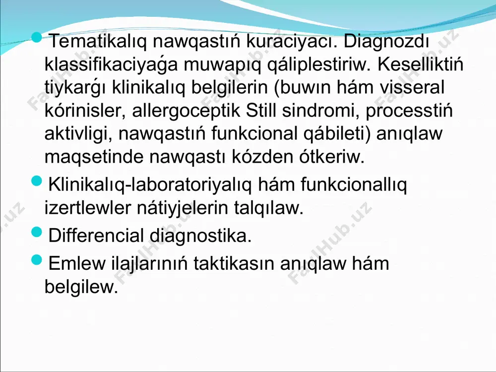 ı. teri hám shilekey qabatlariniń pustulez, urtikar, kóbikli tospalar hám psoriaz tárizli elementler kórinisinde jaraqatlanıwı. kóbinese ayaq keratodermiyası hám eroziyalı balanopostit ushırasadı. qaqshıwshı blyashkalar baltırlarda, qollarda, basınıń shashlı bóliminde payda bolıwı múmkin, ayaq barmaqlarında tırnaqlar ózgeredi, olar qalıńlasadı. awız boslıǵında stomatit, eroziyalar. basqa ishki organlardan - aortal klapan jetispewshiligi rawajlanıp atırgan aortit, miokardit, polinevrit, meningoensefalit, enterokolit. laboratoriyalıq tekseriw usılları. uliwma qan analizi (neytrougil leykocitoz, tezlestirilgen echt). qannıń bioximiyalıq tekseriwleri (fibrinogen, seromukoid, gialouronidaza, kislotalı fosfataza, proteinaza muǵdarınıń artıwı, qan sıvorotkasında sulfopoliglikanlardıń keskin kemeyiwi, alanin hám aspartat-aminotransferaza koncentraciyası artadı, rf joq). izertlewdiń instrumental usılları. buwınlardıń rentgenografiyası (epifizar osteoporoz, shıǵanaq, tobıq, taban súyekleriniń kesilgen bólimlerindegi basqa qatlamlar - "jumsaq" taban shporları, destruktiv ózgerisler, uzurǵa shekem). ekg da - pq intervalınıń ózgeriwi. qosimsha metodlari uretral materialda galproidiń anıqlanıwı hla-v27 gistosáykesligi antigeni barlıǵı sinovial qabıqtıń biopciyasında fibrinoid qatlamları, kletka infiltraciyası, qan tamırlarındaǵı ózgerisler, sinoviositler qatlamı anıqlanadı. sinovial suyıqlıqtı tekseriw - leykocitler, neytrofillerdiń kóbeyiwi, jumsaq mucin …