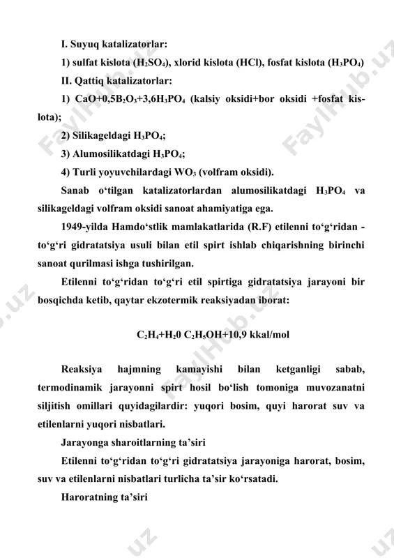 tomoniga muvozanatni siljitish omillari quyidagilardir: yuqori bosim, quyi harorat suv va etilenlarni yuqori nisbatlari. jarayonga sharoitlarning ta’siri etilenni to‘g‘ridan to‘g‘ri gidratatsiya jarayoniga harorat, bosim, suv va etilenlarni nisbatlari turlicha ta’sir ko‘rsatadi. haroratning ta’siri quyi haroratda etilenni suvga yutilishi yaxshiroq kechadi va reaksiyaning termodinamik ehtimoli 0°c dan past haroratda joylashgan, biroq sharoitlarni tanlash reaksiya tezligiga, olefinning reaksion qobiliyatiga va ishlatilayotgan katalizatorlarning faolligiga bog‘liqdir. 7-jadval etilen konversiyasini harorat va bosimga bog‘liqligi. biroq hanuzgacha 270-300°c haroratdan pastda yetarli faollik bilan ishlaydigan katalizatorlar topilgan emas. shunday qilib, etilenning to‘g‘ridan to‘g‘ri gidratatsiyasi jarayoniga quyidagi omillar ta’sir ko‘rsatadi: harorat, bosim, suv va etilenlarning molli nisbatlari, etilenning hajmiy tezligi [hajmiy tezlik (w) deb bir soatdagi xomashyo hajmini katalizator hajmiga nisbatiga aytiladi]. etilen konversiyasi harorat va bosimga bog‘liqligini 7-jadval ma’lumotlari orqali tasvirlash mumkin. 7-jadval ma’lumotlaridan ko‘rinib turibdiki, bosimni 50 dan 100 atmosfera bosimi ostigacha oshirilishi o‘sha birday temperaturada etilenning konversiyasini ortishiga olib keladi. birday bosimda haroratni 150 dan …