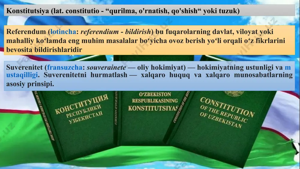 oidalar 19-64 moddalar uchinchi bo‘lim. jamiyat va shaxs xii-xv bob. 65-82 moddalar to‘rtinchi bo‘lim. ma’muriy-hududiy va davlat tuzilishi xvi-xvii bob. 83-90 moddalar beshinchi bo‘lim. davlat hokimiyatining tashkil etilishi xviii –xxvii bob. 91-153 moddalar oltinchi bo‘lim. konstitutsiyani o‘zgartirish tartibi 154-155 moddalar 1. ўзбекистон – ҳуқуқий, ижтимоий ва дунёвий давлат конституциянинг 1-моддасидаги “ўзбекистон – суверен демократик республика” жумласи қуйидагича ўзгартирилмоқда: ўзбекистон – бошқарувнинг республика шаклига эга бўлган суверен, демократик, ҳуқуқий, ижтимоий ва дунёвий давлат. 2. конституция тўғридан тўғри амал қилади 15-моддага қуйидагича қўшимча қўшилди: ўзбекистон республикаси конституцияси мамлакатнинг бутун ҳудудида олий юридик кучга эга, тўғридан тўғри амал қилади ва ягона ҳуқуқий маконнинг асосини ташкил этади. 3. имтиёзлар қонунда ёзиб қўйилиши шарт эмас янги конституциянинг 19-моддаси (аввалги 18-модда) – фуқароларнинг жинси, миллати, мавқейи ва ҳоказолардан қатъи назар қонун олдида тенглиги ҳақида. бу модданинг 2-қисми қуйидагича ўзгармоқда: эски: имтиёзлар фақат қонун билан белгиланиб қўйилади ҳамда ижтимоий адолат принципларига мос бўлиши шарт. янги: имтиёзлар фақат …