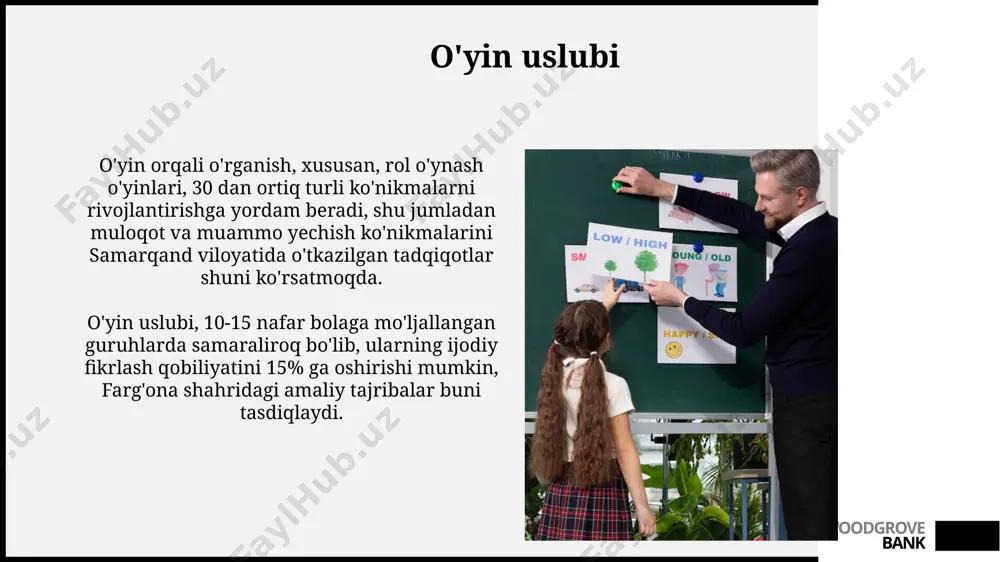 kalarni sinf xonalariga joriy etish, toshkentdagi 10 ta maktab tajribasiga ko‘ra, o‘quvchilarning darsga bo‘lgan qiziqishini 30% ga oshirdi va baholarni yaxshilashga yordam berdi. woodgrove bank baholash uslublari андижон шаҳридаги мактабларда жорий этилган баҳолаш услубларининг 4 туридан бири - лоиҳавий ишлар, бу 10 баллик тизимда баҳоланади. баҳолаш услубларининг 30%ини тест синовлари, 50%ини эса амалий топшириқлар, қолган 20%ини эса самарқанд давлат университетидаги ёзма ишлар ташкил этади. woodgrove bank hamkorlikda o'qitish ushbu usul, o'quvchilarning o'zaro hamkorlik qilish, muloqot qilish va muammolarni birgalikda hal qilish ko'nikmalarini rivojlantirishga yordam beradi, natijada 80% ga yaqin o'quvchilarning faol ishtiroki ta'minlanadi. hamkorlikda o'qitish, masalan, "fikrlar bo'roni" texnikasi orqali, samarqanddagi registon maydonining me'morchiligi haqidagi 3 ta asosiy fikrni aniqlash va ularni taqdim etish kabi amaliy topshiriqlarni bajarishga yordam beradi. woodgrove bank ta'lim samaradorligini oshirish innovatsion texnologiyalarni, masalan, onlayn platformalarni qo'llash buxoro shahridagi 3 ta maktabda o'quvchilarning ishtiroki darajasini 10% va o'zlashtirish darajasini 15% ga oshirdi. ta'lim samaradorligini oshirishda, 2023-yilgi …