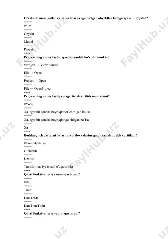 zgaruvchini butun tipga o`tkazadi? ==== #strtoint ==== floattostr ==== inttostr ==== strtofloat ++++ qaysi funksiya satriy o’zgaruvchini xaqiqiy tipga o`tkazadi? ==== #strtofloat ==== floattostr ==== inttostr ==== strtoint ++++ tedit obyektining edit1 maydoni qanday tozalanadi? ==== #edit1.text:=' ' ==== edit1.caption:=’ ‘ ==== edit1.tedit:='tozalash’ ==== edit1.tedit:='clear' ++++ tedit obyektining edit1 maydoniga fokus qanday o`tkaziladi? ==== #edit1.setfocus ==== edit1.tedit ==== edit1.text:=setfocus ==== edit1.caption:=focus ++++ yaratilgan proyektni to’la saqlash uchun ketma ketlikni ko`rsating? ==== #file → save all ==== file → new application ==== file → clouse all ==== file → save ++++ yangi proyektni saqlaganda xotirada nechta fayl xosil bo’ladi? ==== #6 ==== 9 ==== 2 ==== 5 ++++ qaysi komponent katta xajmdagi matnli ma`lumotlar bilan ishlashga mo`ljallangan? ==== #tmemo; ==== tlabel ==== tlistbox ==== tradiogroup ++++ quyidagi standart komponentlardan qaysi biri dastur ishlashi davomida biror buyruqni bajarishni ta`minlash uchun ishlatiladi? ==== #tbutton ==== tmainmenu ==== tradibutton ==== tedit ++++ quyidagi standart …