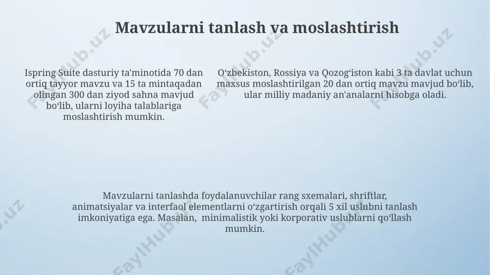 interaktiv testlar, branching senariylar va videokurslar yaratish imkoniyatini beradi, bu esa toshkentdagi ta'lim muassasalarida keng qo'llanilmoqda. ispring tarkibidagi "dialog" funksiyasi foydalanuvchilarga 5 xil turdagi interaktiv savollarni qo'shish imkonini berib, o'quv jarayonini samarqanddagi universitetlarda yanada samarali qiladi. foydalanuvchi interfeysi va navigatsiya navigatsiya tizimi 3 bosqichli, aniq va tezkor, foydalanuvchilarga 1000 dan ortiq interfaol elementlar orasida tezda harakatlanish imkonini beradi. dasturning mobil versiyasi, android va ios platformalarida 2023 yilda chiqarilgan, soddalashtirilgan interfeysga va optimallashtirilgan navigatsiyaga ega. dasturning mobil versiyasi, android va ios platformalarida 2023 yilda chiqarilgan, soddalashtirilgan interfeysga va optimallashtirilgan navigatsiyaga ega. multfilm va animatsiyalardan foydalanish ispring suite dasturiy ta'minotida 2d va 3d animatsiyalarni qo'llash orqali, masalan, toshkentdagi tarixiy binolarni aks ettiruvchi 5 ta turli xil animatsion ketma-ketliklar yaratish mumkin. multfilmlar va animatsiyalardan foydalanib, o'quv jarayonini yanada qiziqarli va samarali qilish uchun, masalan, 10 ta turli xil personajlar va 3 ta sahnadan foydalanish mumkin. ispringda o'rnatilgan 20 dan ortiq turdagi effektlar va …