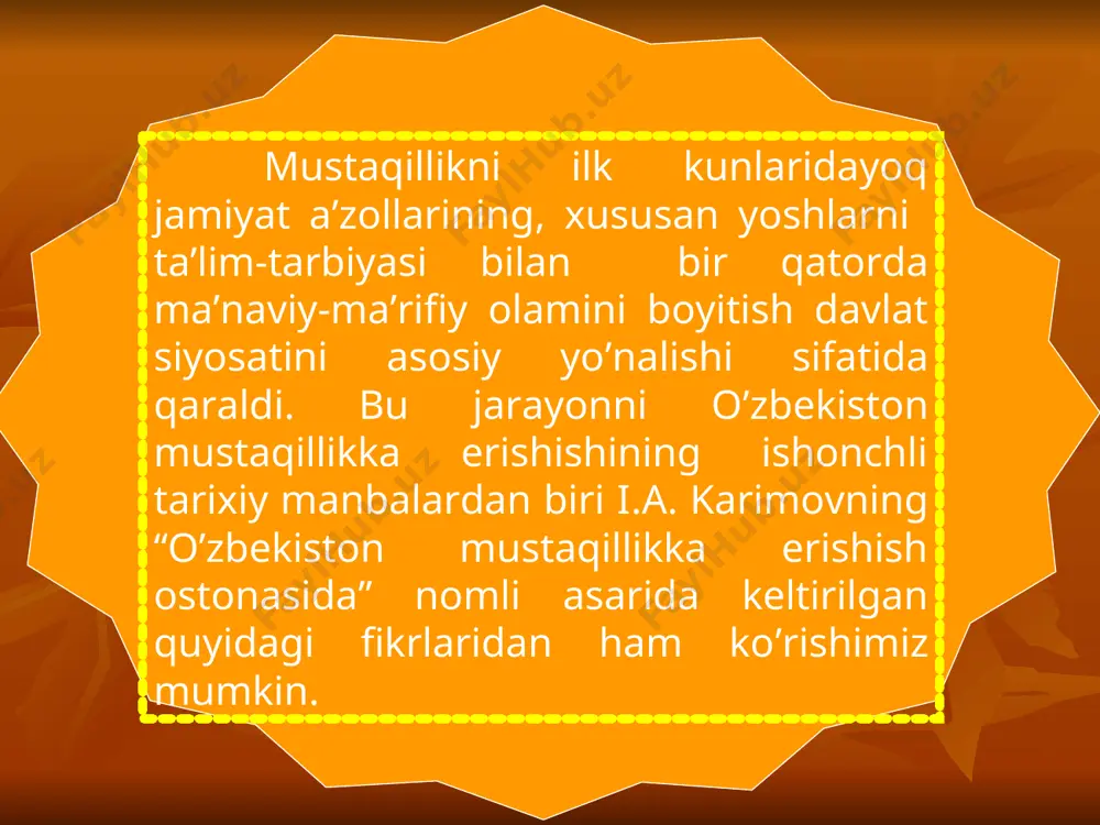 publikasi prezidentining “yosh oilalarni moddiy va ma’naviy qo’llab-quvvatlashga doir qo’shimcha chora-tadbirlar to’g’risida” gi 2007-yil 18-maydagi pf-3878-sonli farmoni. karimov i. a. yuksak ma’naviyat-yengilmas kuch. -t.: ma’naviyat, 2008. karimov i.a., o’zbekiston mustaqillikka erishish ostonasida. -t.: o’zbekiston, 2012. abdullayev m., yengulatova d. bozor iqtisodiyoti sharoitida o’quvchi-yoshlarning ijtimoiy ongini shakllantirish. -t.: 1995. http://www.ziyonet.uz (oliy va o’rta maxsus ta’lim vazirligi axborot ta’lim portali) http://www.kamolot.uz (“kamolot” yoshlar ijtimoiy harakati) http://www.natlib.uz (navoiy nomidagi milliy kutubxona) e’tiboringiz uchun raxmat!
