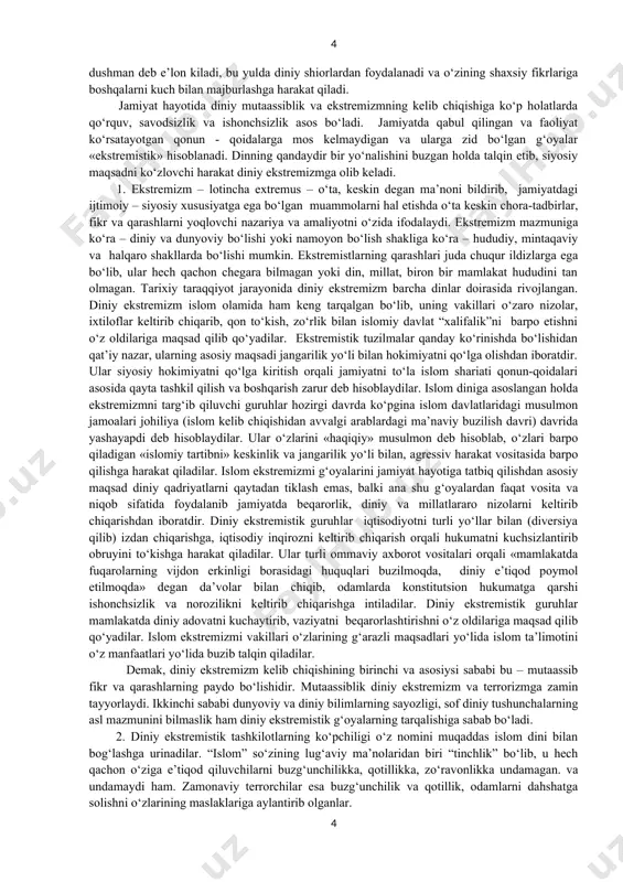 xtilofga emas, balki hamkorlikka da’vat etilgan. 7. qur’oni karimda “a’robiylar (shari’at ilmidan bexabar kishilar) kufru nifoqda qattiqroq va alloh o‘z payg‘ambariga nozil qilgan narsalarning chegaralarini bilmaslikka loyiqroqdirlar. alloh bilim va hikmat sohibidir,” (“tavba” surasi 97-oyat) – degan oyat mavjuddir. islom dinida mutaassiblik qoralanadi, islom diniga e’tiqod qiluvchilar bag‘rikenglikka da’vat etiladi. shu bilan birga turli firqalarga bo‘linish, bilimsizlik, mutaassiblik ham islom dinida qoralanadi. islom tarixida dinda chuqur ketib, haddidan oshish natijasida musulmonlar ichida ko‘plab firqalar vujudga kelgan bo‘lsa, hozirgi davrda ham bu holat davom etmoqda. o‘tmishda xorijiylar, mu’taziliylar, marisiylar, rofiziylar, qadariylar, jahmiylar islom dinida bo‘linishni boshlab unga katta zarar yetkazishgan bo‘lsa, hozirgi vaqtda ham “al-qoida”, “musulmon birodarlar”, “hizbu-t-tahrir”, “hizbulloh”, “tablig‘chilar”, “akromiylar”, “nurchilar”, “soxta salafiylar”, “jihodchilar” kabi ko‘plab firqalar dinni targ‘ib qilish bahonasida aqidaparastlik, mutaassiblik, ekstremizm g‘oyalarini tarqatishga harakat qilmoqdalar. ekstremistik, terroristik tashkilotlar din niqobi ostida siyosiy maqsadlarni ko‘zlagan holda odamlar ongida dinga nisbatan salbiy munosabat shakllanishiga ham sababchi bo‘lmoqdalar. 8. islom …