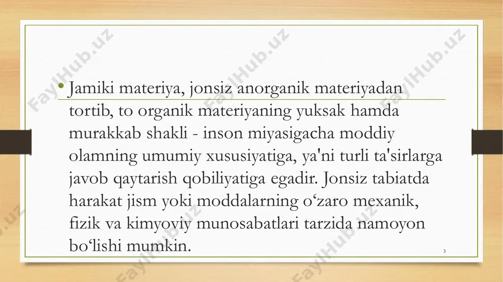 ga moyilligidir. masalan, havo bulut bo‘lganida, havoda uchib yurgan hashoratlar yerga pastga qarab uchadilar. 17 • 7.gidrotropizm - tirik organizmning namlik suv ta'siri ostida harakat qilishiga moyilligidir. 18 • o‘simliklarda aks ettirishning biologik shakli faqatgina tropizmlardan iborat bo‘lib, bu harakatlar o‘simliklarga o‘z-o‘zini boshqarishiga yordam beradi, ya'ni ular o‘zlari uchun foydali bo‘lgan manbaga qarab intiladi yoki o‘zini himoya qilishga doir boshqacha harakat qiladi. masalan, nomozshomgul kechki payt ochilib, kunduzi yorug`likdan yopiladi. 19 hayvonlarning instinktlari • instinktlar - hayvonning tabiiy ehtiyojlarini qondirish uchun qiladigan murakkab tug‘ma harakatlaridir. qushlar juda ustalik bilan in yasar ekanlar, material tanlash va inni pishiq qilib qurish yo‘lida xilma-xil harakatlarni bajaradilar. masalan, qaldirg‘ochlarning in qurishi. 20 • asalarilar reaksiyasining maqsadga muvofiqligi ham nisbiydir. agar mumkatakning orqa tomoni teshib qo‘yilsa, asalari yaroqsiz uyaga ma'lum miqdordagi shirani to‘kib bo‘lgach, garchi uning ikkinchi tomonidan shira oqib ketadigan bo‘lsa ham mum bilan berkitib ketadi. 21 hayvonlarning instinktlari turli xil ko‘rinishda namoyon bo‘ladi. …