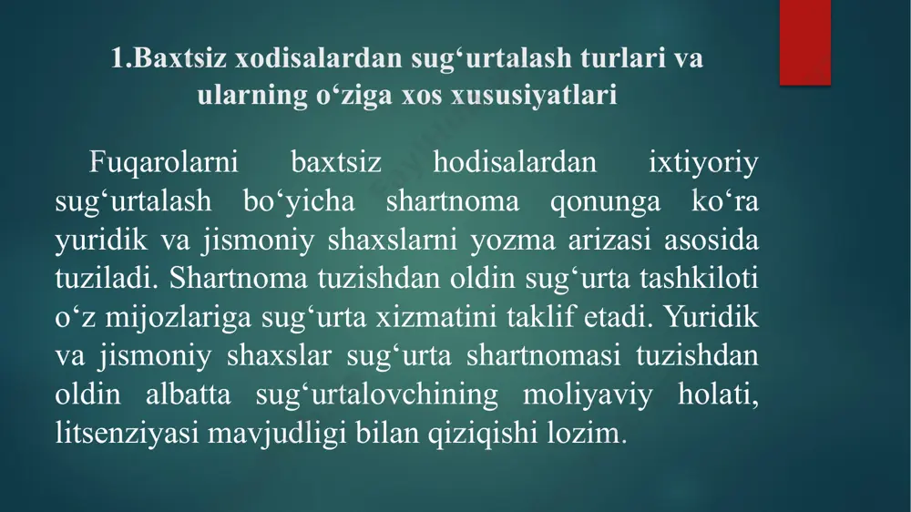 baxtsiz hodisalar ro‘y berish natijasida o‘lim hodisasi ro‘y berganda quyidagi hujjatlar taqdim etiladi: sug‘urta polisi; fxdyo bo‘limidan o‘lim holati ro‘y bergani to‘g‘risida ma’lumotnoma; merosxurlik huquqini tasdiqlovchi hujjat; agar o‘lim hodisasi yo‘l-transporti natijasida ro‘y bergan bo‘lsa, yo‘l harakati xavfsizligi organidan olingan ma’lumotnoma shaxsni tasdiqlovchi hujjat. t ibbiy sug‘urtaning ijtimoiy-iqtisodiy mohiyati. rivojlangan pullik sog‘liqni saqlash tizimiga ega bo‘lgan ko‘pchilik davlatlarda tibbiy sug‘urta keng qo‘llanadi. uning asosiy maqsadi aholini keng doirasiga tibbiy xizmatlar bilan foydalanish imkoniyatini yaratish va imkoni boricha sug‘urta qildiruvchilarni xarajatlarini to‘liq miqdorda qoplanadi. o‘zbekiston respublikasida pullik tibbiyot hali u qadar keng tarqalmagan, negaki “sog‘liqni saqlash tizimidagi davlat tibbiy-profilaktik tashkilotlari davlat kafolatlagan miqdorda tibbiy yordamni aholiga bepul ko‘rsatadi. bepul tibbiy yordamning hajmi va amalga oshirish tartibi qonunchilik tomonidan belgilanadi tibbiy sug‘urta qaltisliklarni taqsimlashda jamoa birdamlik prinsipiga asoslangan: boy – kambag‘alga, sog‘lom – bemorga, yosh – qariga to‘laydi. sug‘urta prinsipi quyidagi tarzda amalga oshiriladi: kasal bo‘lding "yutding", sog‘ qolding - "yutqizding". tibbiy …