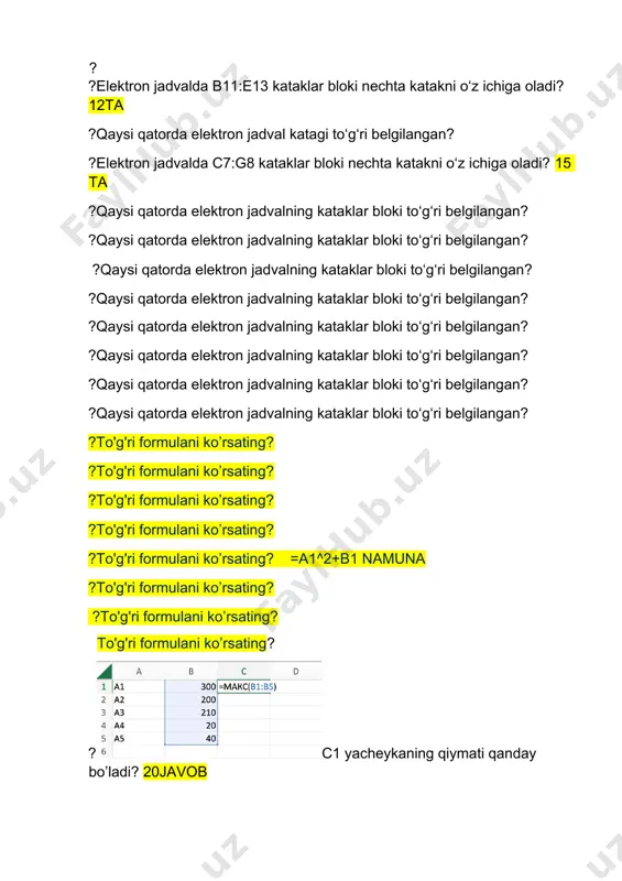 =a1^2+b1 namuna ?to'g'ri formulani ko’rsating? ?to'g'ri formulani ko’rsating? to'g'ri formulani ko’rsating? ?c1 yacheykaning qiymati qanday bo’ladi? 20javob ? c1 yacheykaning qiymati qanday bo’ladi? 20 javob ? каков будет результат вычислений в ячейке с1? 30 ? c1 yacheykaning qiymati qanday bo’ladi? 0 boladi ? c1 yacheykaning qiymati qanday bo’ladi? javob 11 ? b1 yacheykaning qiymati qanday bo’ladi? ? ? ? javob 5 ? e2 va e3 yacheykalarida ko’rsatilgan formulalardan so’ng qiymatlar qanday bo’ladi? javob e2-postupil,e3-yt postupil ?quyidagi formula qaysi formulalar kategoriyasiga tegishlik: случмежду? ?quyidagi formula qaysi formulalar kategoriyasiga tegishlik: корень? kvadrat ildiz argument son yoki arifmetik ifoda ?quyidagi formula qaysi formulalar kategoriyasiga tegishlik: abs? sonning moduli ?quyidagi formula qaysi formulalar kategoriyasiga tegishlik: левсимв? ?quyidagi formula qaysi formulalar kategoriyasiga tegishlik: правсимв? ?quyidagi formula qaysi formulalar kategoriyasiga tegishlik: счётесли? shart boyicha sanash ?quyidagi formula qaysi formulalar kategoriyasiga tegishlik: округл? ?quyidagi formula qaysi formulalar kategoriyasiga tegishlik: произвед? ?quyidagi formula qaysi formulalar kategoriyasiga tegishlik: сумм? …