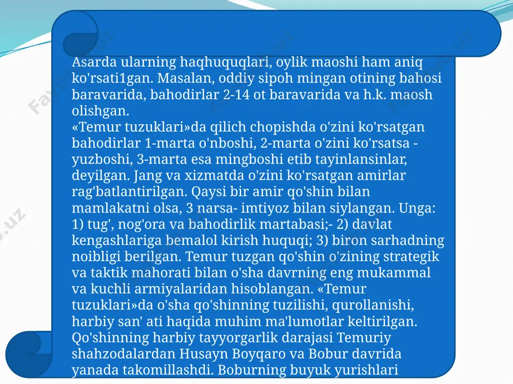 l» , degan purma'no maqol yarati1gan. bunga monand amir temur: «piri komil shayx bahouddin n aqshbandiyning: «kam yegin, kam ux1a, kam gapir» , degan pand- u nasihatlariga amal qildim. arkoni davlatga, barcha mu1ozim1arga ham aytar so'zim shu bo'ldi: «kam yenglar -ocharchi1ik ko'rmaysiz1ar, boy-badavlat yashaysiz1ar , kam uxlanglar -mukammallikka erishasiz1ar, kam gapiringlar dono bo'lasizlar. amir temur xiv asrda buyuk temuriylar davlatiga asos soldi. 1,5 mln. kv. km. hududda- o'rta osiyo, qozog'iston, shimoliy kaspiy, shimolda ural, g'arbda sibir, kustanay soyliklari, sharqda markaziy qozog'iston va tyanshan janubiy etaklari, pomir tog'liklari, kopetdog' oldi hududlarida o'z imperiyasini tuzdi. 27 ta podshohlikni amir temur xitoy chegaralaridan boshlab to sharqiy rum va misr yerlarigacha bo'lgan hududlarni islom bayrog'i ostida yagona davlatga birlashtirdi. sohibqiron tomonidan barpo eti1gan markazlashgan mustahkam davlat qariyb 1,5 asr o'z kuchini ko'rsatdi. bu esa uning adolat va shariat asosida quri1gani, ustozlari, pirlari tayobodiy, sayyid mir kulol, sayyid barakalar o'gitlariga amal qilgani bilan izohlanadi. temuriylar …
