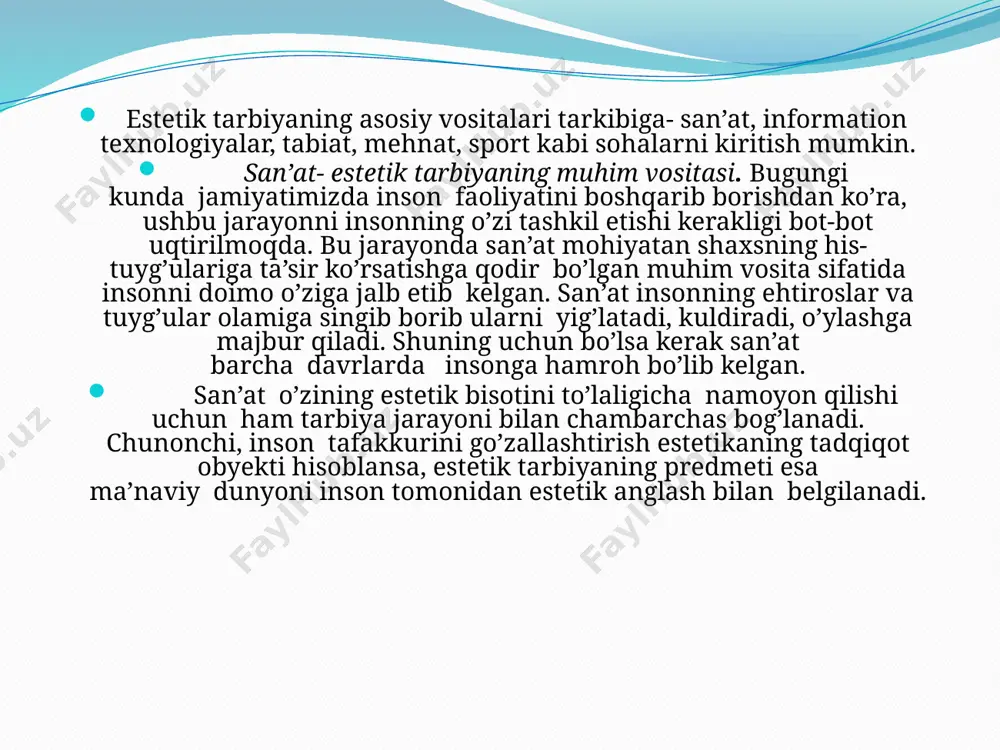 lmaydi. mehnatning estetik tarbiya vositasi sifatidagi ahamiyati. mehnat ham moddiy, hamda ma’naviy go’zalliklar yaratish bilan estetik tarbiyaning muhim vositasiga aylanadi. bu jarayon ijtimoiy- foydali mehnatning badiiylik bilan aloqasi ta’sirida vujudga keladi. mazkur munosabat pirovardida mehnat vositalarining insonga keltiradigan zararini kamaytiradi. qolaversa, mehnatga ijodiy yondashuv jamiyat ma’naviy qiyofasini belgilovchi omil hisoblanadi. sport- estetik tarbiyaning zamonaviy vositasi. sport estetik tarbiya vositasi sifatida zamonaviy insonni kamol toptirishda alohida e’tiborga ega. hozirda sportni rivojlantirish mamlakatimizda davlat siyosati darajasiga ko’tarildi. bundan ko’zlangan asosiy maqsad avlodni jismonan baquvvat, sog’lom, vatanning jasur himoyachisi qilib tarbiyalashdir. hozirda yurtimizda sportni rivojlantirishga doir ko’plab dasturlar ishlab chiqilgan va ular jamiyat munosabatlaridan amalda ishtirok qilmoqdalar. keyingi kunlarda o’zbekiston ko’plab sport turlari bo’yicha jahon musobaqalarni uyushtiruvchi va o’tkazuvchi mamlakat sifatida jahon hamjamiyatda ko’zga ko’rinib bormoqda. ana shularning barchasi muayyan ma’noda inson nafosatli dunyoqarashini, tafakkurini sog’lomlashtirishga qaratilgan. bir so’z bilan aytganda, sport estetik tarbiyaning muhim vositasi sifatida “ farzandlari sog’lom yurtning kelajagi porloq …
