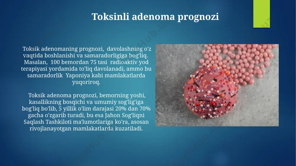 ada 200 millionga yaqin odamda uchraydi va qalqonsimon bez saratoni bilan chalkashib ketishi mumkin. o'zbekistonda o'tkazilgan tadqiqotlar shuni ko'rsatdiki, toksik adenoma kasallarining 15%ida buyrak usti bezlari disfunktsiyasi kuzatiladi. toksinli adenoma diagnostikasi biopsiya natijalari, farg'ona viloyatida joylashgan 3 ta yirik shifoxonaning ma'lumotlariga ko'ra, toksik adenomaning histopatologik tasnifini aniqlashda 95% aniqlikni namoyon etadi. ultratovush tekshiruvi, 5 dan 10 mm gacha bo'lgan tugunlarni aniqlashda samarqanddagi diagnostika markazlarida yuqori aniqlikni ta'minlaydi, bu esa toksik adenomaning dastlabki bosqichlarini aniqlashga yordam beradi. toksinli adenoma bo'yicha qo'shimcha ma'lumotlar o'zbekistondagi ba'zi shifoxonalarda toksik adenomaning diagnostikasi uchun yuqori aniqlikdagi ultratovush tekshiruvi va 1000 dan ortiq bemorlar tahlilida 95% aniqlik ko'rsatkichi qayd etilgan. toksik adenomaning davolash usullari orasida radioaktiv yod terapiyasi mavjud bo'lib, bu usul 70% hollarda samarali bo'ladi, ammo ba'zi nojo'ya ta'sirlari, masalan, qalqonsimon bezning hipofunktsiyasi, kuzatilishi mumkin. toksinli adenoma nima? toksik adenoma, masalan, qalqonsimon bezida 2-3 sm gacha o'sadigan va gormonlarning ortiqcha miqdorini ishlab chiqaradigan, taxminan 10% hollarda …