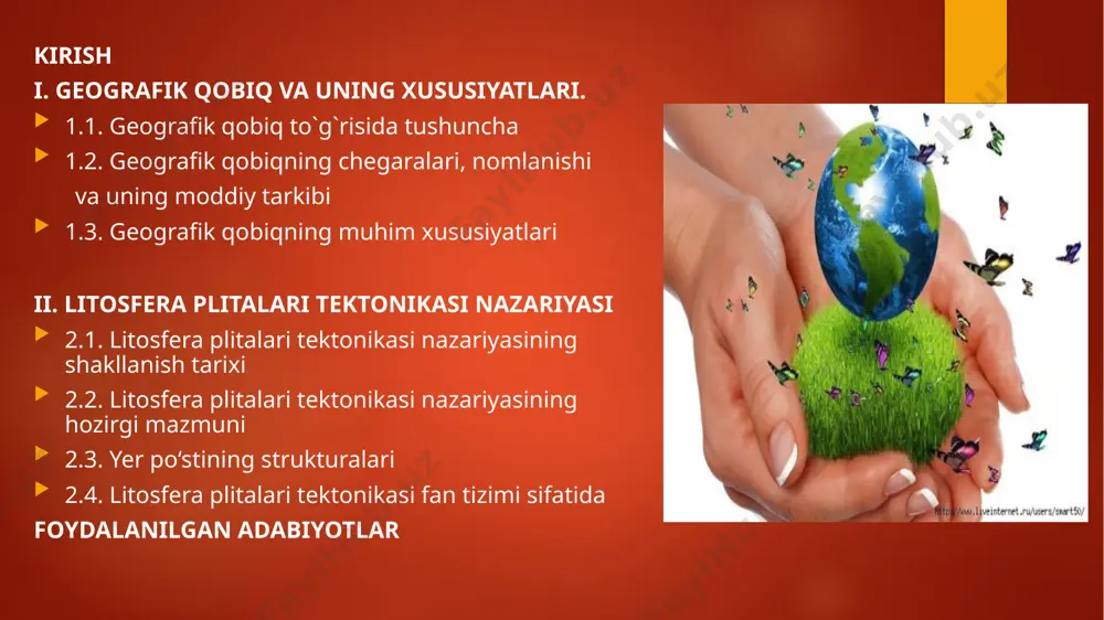 simlik va hayvonlar hamda hodisa va narsalar, olov, suv, havo o`rganilib, ular o`rtasidagi nisbat, ya’ni kuchlar, jismlar, hodisalar o`rtasida jonsiz va jonli tabiat o`rtasida mavjud bo`lgan genetik doimiy va hamma vaqt ham qonuniy aloqalar o`rnatilmas edi. vaholangki huddi shu nisbatlar ana shu qonuniy o`zaro aloqalar tabg`iatni blishning mohiyatini, tabiatni bilishning mag`zini tashkil qioladi deb yozgan edi. v.v.dokuchaev tabiatda turli komponentlar o`rtasida aloqalar mavjudligini isg`botlab bergan. www.arxiv.uz www.arxiv.uz universitetlar uchun birinchi bo`lib umumiy er bilimi bo`yicha darslik yaratgan a.n.krasnov (1895) “geografiya ayrim hodisa va jarayonlarni emas, balki ularning birikmasini geografik kompleksolarni o`rganadi” deb taoriflagan edi. peterburg universitetining professori brounov tabiiy geografiya litosfera, gidrosfera, atmosfera, biosfera kabi qobiqlarning o`zaro aloqasidan hosil bo`lgan erning tashqi qobig`ini o`rganadi deb uqtirgan. 1932 yilda a.a.grigorev o`zining “tabiiy geografiyaning predmeti va vazifalari” nomli maqolasida tabiiy geografiya fanining o`rganish predmeti, tabiiy geografik qobiq ekanligi to`g`risida so`z yuritadi. 1937 yilda esa geografik qobiq tabiiy geografiyaning o`rganish oboekti ekanligini asoslovchi …