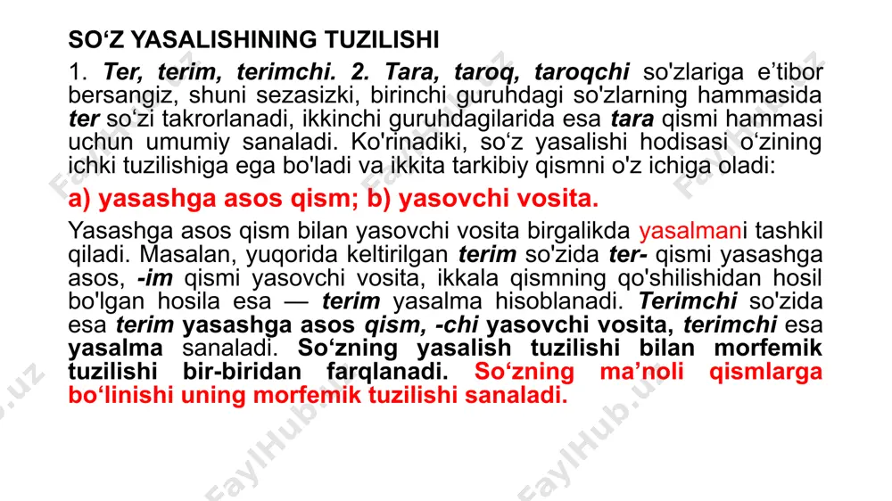 z yoki so‘z shakllarining qo‘shiluvi, birikuvi orqali yangi so‘z yasash kompozitsiya usuli bilan so‘z yasash deyiladi. bu usul bilan qo‘shma, ayrim juft so‘zlar hosil qilinadi. masalan, guldasta, gultojixo‘roz, asalari, tomorqa, xushfe’l, rahmdil, olijanob, hozirjavob, havo rang, e’lon qilmoq, rad etmoq, olib kelmoq, olib chiqmoq, har gall, yonma-yon, zo‘r-bazo‘r, ketma-ket va b. abbreviatsiya usuli. bu usulga ko‘ra, bir butun holda qo‘llanadigan to‘g‘ri ma’noli turg‘un birikmalarning qismlari har xil yo‘l bilan qisqartirilib so‘z hosil qilinadi. bu usul rus tilidan kirgan bo‘lib, qisqartma otlar shu usulda yasaladi: bmt – birlashgan millatlar tashkiloti, mdh - mustaqil davlatlar hamdo‘stligi, ats – avtomatik telefon stantsiyasi, toshmi – toshkent meditsina instituti, filfak – filologiya fakulteti, akademlitsey – akademik litsey, peduniversitet – pedagogika universiteti va b. fonetik usul. bu usulga ko‘ra, so‘zda fonetik o‘zgarish yuz berib, yangi so‘z hosil qilinadi. chunonchi, so‘z urg‘usining o‘rnini almashtirish natijasida boshqa-boshqa so‘z turkumiga doir so‘zlar hosil bo‘lishi mumkin: yózma (fe’l) - yozmá …