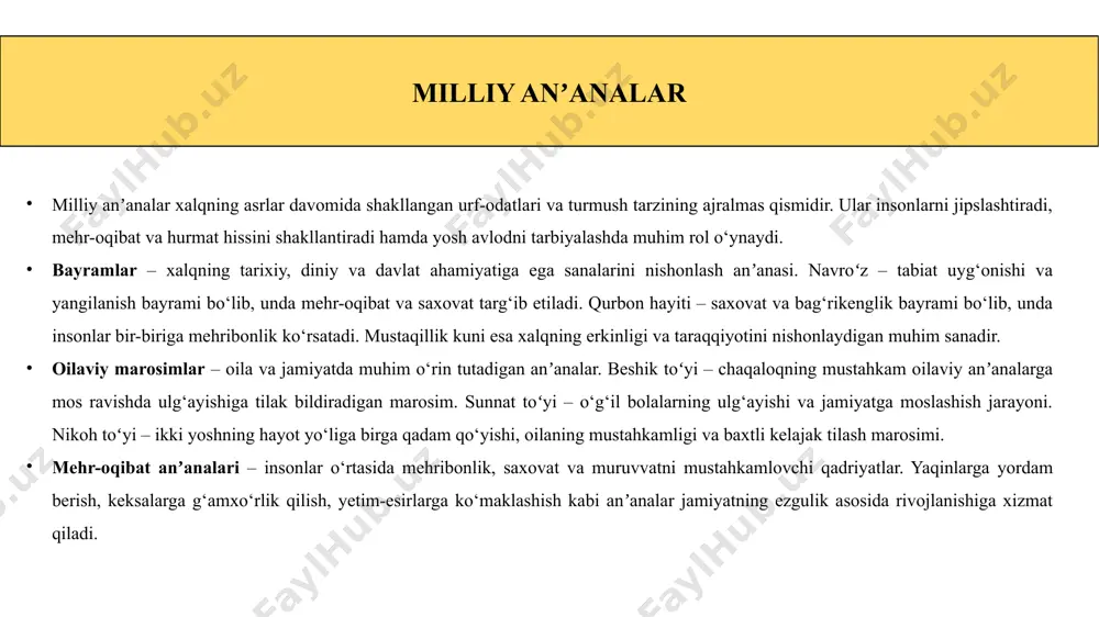 lari mavjud. ona tili darslarida maqol va rivoyatlar orqali tarbiya berish muhim ahamiyatga ega. maqollar qisqa, lekin mazmun jihatidan boy bo‘lib, bolalarga donishmandlik, mehnatsevarlik, halollik kabi fazilatlarni o‘rgatadi. rivoyatlar esa o‘quvchilarda axloqiy tushunchalarni shakllantirishga yordam beradi. tasviriy san’at va texnologiya darslarida milliy naqsh va hunarmandchilik elementlarini o‘rgatish o‘quvchilarning ijodiy qobiliyatlarini rivojlantiradi va milliy merosga bo‘lgan qiziqishini oshiradi. gilam, kashtachilik, kulolchilik kabi hunarmandchilik turlari bilan tanishish orqali ular milliy madaniyatga hurmat bilan qarashni o‘rganadilar. tarixiy shaxslar va ularning ibratli hayoti haqida so‘zlash esa bolalarga vatanparvarlik, mehnatsevarlik va adolat kabi fazilatlarni singdirishga yordam beradi. amir temur, alisher navoiy, zahiriddin muhammad bobur kabi buyuk ajdodlarimizning hayoti va faoliyati yosh avlod uchun ibrat maktabi bo‘lib xizmat qiladi. tarbiyaviy soatlar va millat ruhini shakllantirish tarbiyaviy soatlar o‘quvchilarga milliy qadriyatlarni o‘rgatish va ularni hayotga tatbiq etishda muhim ahamiyat kasb etadi. ushbu mashg‘ulotlar orqali bolalarning axloqiy, ma’naviy va jismoniy rivojlanishiga ijobiy ta’sir ko‘rsatish mumkin. o‘quvchilar bilan qadriyatlar …