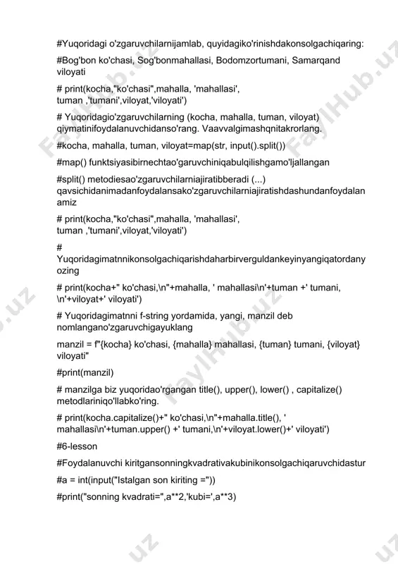 friends = ['ali', 'cleverboy', "go'zalina"] #ro'yxatdagi harbirdo'stingizgaqisqaxabaryozibkonsolgachiqaring: # print("salommeningdo'stim ",friends[0].title()) # oshna=friends[1].title() # print("assalomu alaykum !",oshna) # print("vazifalarqale :) ",friends[2].title()) #sonlar deb nomlanganro'yxatyaratingvaichigaturlisonlarniyuklang (musbat, manfiy, butun, o'nlik). numbers = [1, 11, 1.7, -1.2, -7] #yuqoridagi ro'yxatdagisonlarustidaturliarifmetikamallarbajaribko'ring. #print(numbers[1]+numbers[-2],numbers[0]*numbers[3]) #ro'yxatdagi ba'zisonlarningqiymatinio'zgartiring, ba'zilariniesaalmashtiring # numbers.remove(11) # numbers[1] = 55 # numbers[2] = numbers[-1] - (-23) # del numbers[-3] # #print(numbers) # #t_shaxslarva z_shaxslardegan 2 ta ro'yxatyaratingvabirigao'zingizengko'phurmatqilgantarixiyshaxslarning, ikkinchisigaesazamonamizdagitirikbo'lganshaxslarningisminikiriting. # t_shaxslar=["z.m.bobur","a.navoiy",'amir temur'] # z_shaxslar=["clever boy","baby","oyatillo"] # #yuqoridagi ro'yxatlarningharbiridanbittadanqiymatnisug'uribolib (.pop()), quyidagiko'rinishdachiqaring: # #print(f" assalomu alaykum {t_shaxslar.pop(2)} meningismim {z_shaxslar.pop(0)}") # #friendsnomli bo'shro'yxattuzingvaunga .append() yordamida 5-6 ta mehmongachaqirmoqchibo'lgando'stlaringiznikiriting. # friends=[] # friends.append("ali") # friends.append("clever boy") # friends.append("baby") # friends.append("go'zalina") # friends.append("jo'ker") # #print(friends) # #yuqoridagi ro'yxatdanmehmongakelaolmaydiganodamlarni .remove() metodiyordamidao'chribtashlang. # friends.remove("ali") # friends.remove("jo'ker") # #ro'yxatning oxiriga, boshigavao'rtasigayangiismlarqo'shing. # friends.append('oybola') # friends.insert(-1, 'dobbiy') # friends.insert(3, 'oyatillo') # #print(friends) # #yangi mehmonlar deb nomlanganbo'shro'yxatyarating. .pop() va .append() metodlariyordamidamehmongakelgando'stlaringizningismini friends ro'yxatidansug'uribolib, mehmonlarro'yxatigaqo'shing. # mehmonlar = [] # meh