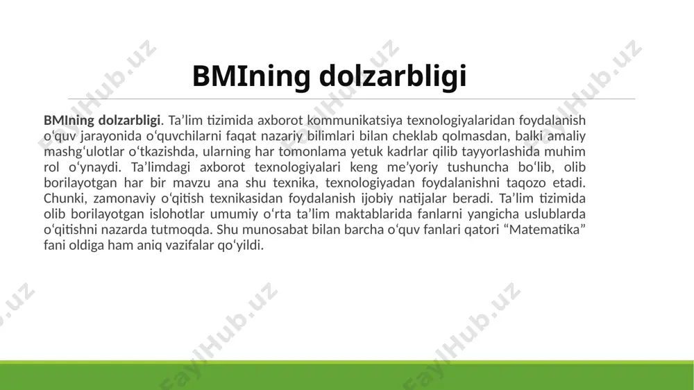 lariga interaktiv ta’limiy o‘yin dasturini tajriba-sinovdan o‘tkazish. bitiruv malakaviy ishi ob'ekti. boshlang‘ich sinf o‘quvchilariga interaktiv ta’limiy o‘yin dasturini ishlab chiqish jarayoni. bitiruv malakaviy ishi predmeti. boshlang‘ich sinf o‘quvchilariga interaktiv ta’limiy o‘yin dasturini ishlab chiqish tizimi. bitiruv malakaviy ishining amaliy ahamiyati. maktab o‘quvchilari uchun “matematika” fanidan amaliy mashg‘ulotlarini olib borishda ushbu yaratilgan dasturdan foydalanib tashkil etish mumkin. bmi tuzilishi va hajmi. kirish, to‘rtta bob, xulosa, 23 ta adabiyotlar ro‘yxatidan tashkil topgan. ish 70 bet mashina yozuvli matn, 17 ta rasmdan tarkib topgan. i bob. interaktiv ta’limiy o‘yin dasturini ishlab chiqishning nazariy asoslari 1.1. axborot texnologiyalaridan foydalanib ta’lim berishning ahamiyati 1.2. ta’lim beruvchi kompyuter dasturlarini yaratish asoslari 1.3. o‘rgatuvchi dasturlarni yaratishda qo‘yiladigan talablar va ularning tahlili elektron darsliklar. elektron darsliklar. ta’lim tizimida o‘quv jarayonini yangidan isloh qilish, yangi axborot texnologiyalariga asoslangan o‘qitish usullarini ishlab chiqish, ularni keng joriy qilish bugungi kunning talabidir. axborotlashtirish, albatta, yangi zamonaviy o‘quv vositalarini yaratishni talab qiladi. bunga …