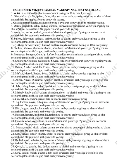 eski o‘zbek yozuvi fanidan yakuniy nazorat savollari — DOC
