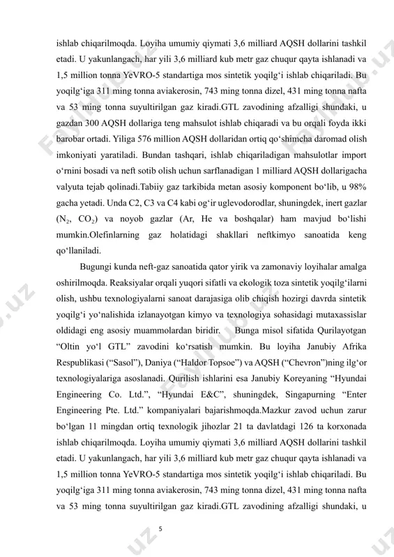 ti yaratiladi. bundan tashqari, ishlab chiqariladigan mahsulotlar import o‘rnini bosadi va neft sotib olish uchun sarflanadigan 1 milliard aqsh dollarigacha valyuta tejab qolinadi.tabiiy gaz tarkibida metan asosiy komponent bo‘lib, u 98% gacha yetadi. unda c2, c3 va c4 kabi og‘ir uglevodorodlar, shuningdek, inert gazlar (n₂, co₂) va noyob gazlar (ar, he va boshqalar) ham mavjud bo‘lishi mumkin.olefinlarning gaz holatidagi shakllari neftkimyo sanoatida keng qo‘llaniladi. mazkur ishda sintetik yoqilg‘i ishlab chiqarish texnologiyasi va undagi distillyatsiya jarayonining fizik-kimyoviy asoslari o‘rganiladi, hamda bu jarayonni avtomatlashtirishning texnik vositalari, boshqaruv algoritmlari va ularning simulink muhiti orqali modellashtirish usullari ko‘rib chiqiladi. i-bob. sintetik yoqilg‘i olish va korxonalar holati 1.1 sintetik yoqilg‘i olish korxona texnologiyasi tizimining tahlili sintetik yoqilg‘i olish texnologiyasi – bu neftga muqobil bo‘lgan energiya manbalarini xomashyo sifatida qayta ishlash orqali suyuq va gazsimon yoqilg‘i hosil qilish jarayonlari yig‘indisidir. ushbu texnologiyalar ko‘mir, tabiiy gaz, biomassa yoki sanoat chiqindilari kabi turli xomashyo turlaridan foydalangan holda amalga …