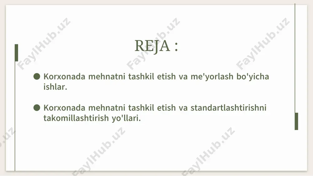 zmatlarni takomillashtirish; - mehnat taqsimoti va kooperatsiyasini takomillashtirish - ilg'or texnika va ish usullarini joriy etish, kadrlar malakasini oshirish; - mehnatni tartibga solish va mehnatga haq to'lashni takomillashtirish; - mehnat sharoitlarini yaxshilash; - boshqaruv tuzilmasini takomillashtirish. mehnatni me’yorlash mehnatni me'yorlash - bu zarur xarajatlar va mehnat natijalarini, shuningdek, mehnat jarayoni bo'lgan birlamchi ishlab chiqarish tizimidagi turli toifadagi xodimlar soni va asbob-uskunalar miqdori o'rtasidagi optimal nisbatlarni aniqlash va asoslash bo'yicha ilmiy va amaliy faoliyat. . mehnatni normalash deganda mahsulot birligini ishlab chiqarish uchun ish vaqtining zaruriy sarflanishi ko'rsatkichlarini, shuningdek, har qanday mehnat faoliyati jarayonida asosiy resurslar o'rtasidagi zarur munosabatlarni ilmiy asoslash tushuniladi ilmiy asoslangan (yoki ilgari texnik asoslangan standartlashtirish deb ataladigan) standartni yaratishda bir qator talablarning bajarilishini ta'minlaydi: – me’yorning progressivligi fan va texnika taraqqiyoti yutug‘lari va istiqbollari hamda ilg‘or tajribani qay darajada hisobga olishi bilan belgilanadi; - me'yorning ob'ektivligi uning qiymatini individual ijrochining shaxsiy fazilatlariga bog'liq bo'lmagan omillarga asoslangan holda …
