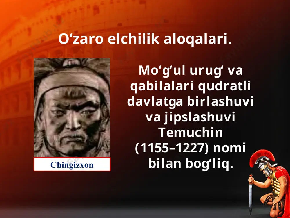 etadi. kengashga 6 nafar bilimdon vakillar jalb etiladi. unda eng dolzarb masalalar muhokama etilib, qaror qabul qilinsa-da, ammo u amalda ijobiy natija bermaydi. ana shunday vaziyatda u jangari mo‘g‘ul qabilalarining chingizxon boshliq bosqiniga duchor bo‘ldi. savol va topshiriqlar: 1. jahon tarixidan olgan bilimlaringizga asoslanib mo‘g‘ullar davlati qanday vujudga keldi? chingizxon qaysi qo‘shni davlatlarni bosib oldi? 2. chingizxon va xorazmshohning elchilik aloqalaridan tub maqsadlari nima edi? 3. chingizxon va xorazmshoh aloqalari nima uchun keskinlashdi? bu munosabatlar keskinlashmasligi mumkinmidi? 4. qanday sabablar xorazmshohlar davlatini siyosiy inqirozga olib keldi? 5. xorazmshoh xalqning hamjihatligini ta’minlash uchun qanday ishlarni amalga oshirish kerak edi? image2.jpg image3.emf image4.jpg image5.jpeg image6.jpeg image7.png image8.jpeg image9.jpeg image10.jpeg image11.jpeg image12.jpeg image13.jpeg image14.jpg image1.jpg
