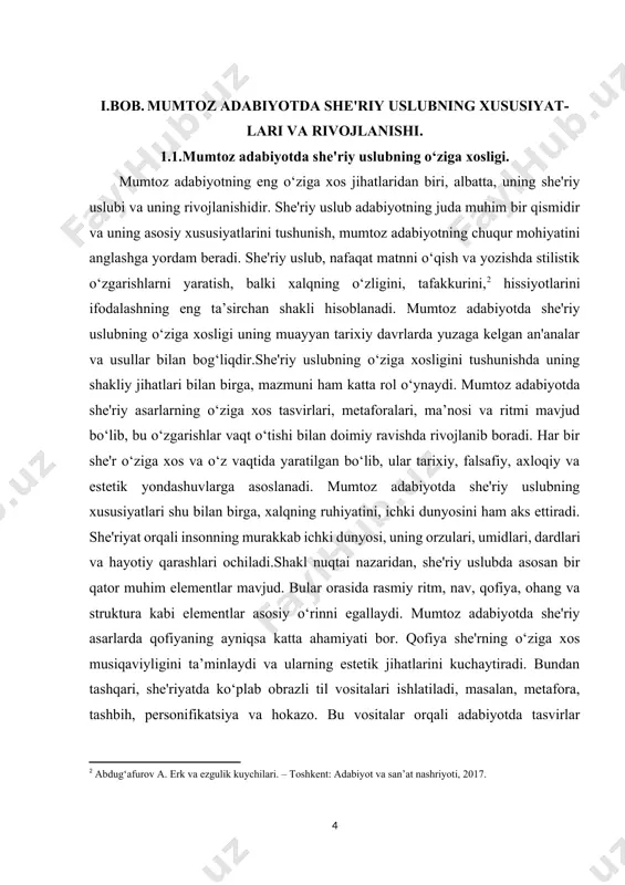 ga asoslanadi. mumtoz adabiyotda she'riy uslubning xususiyatlari shu bilan birga, xalqning ruhiyatini, ichki dunyosini ham aks ettiradi. she'riyat orqali insonning murakkab ichki dunyosi, uning orzulari, umidlari, dardlari va hayotiy qarashlari ochiladi.shakl nuqtai nazaridan, she'riy uslubda asosan bir qator muhim elementlar mavjud. bular orasida rasmiy ritm, nav, qofiya, ohang va struktura kabi elementlar asosiy o‘rinni egallaydi. mumtoz adabiyotda she'riy asarlarda qofiyaning ayniqsa katta ahamiyati bor. qofiya she'rning o‘ziga xos musiqaviyligini ta’minlaydi va ularning estetik jihatlarini kuchaytiradi. bundan tashqari, she'riyatda ko‘plab obrazli til vositalari ishlatiladi, masalan, metafora, tashbih, personifikatsiya va hokazo. bu vositalar orqali adabiyotda tasvirlar kengayadi, obrazlar esa yanada chuqurlashadi. metaforik yondashuv she'riy asarlarning ruhini shakllantiradi va ularning ma’nosini boyitadi. [2: abdug‘afurov a. erk va ezgulik kuychilari. – toshkent: adabiyot va san’at nashriyoti, 2017.] mumtoz adabiyotda she'riy uslubning o‘ziga xosligi uning axloqiy, ma’naviy va estetik maqsadlariga bog‘liq. she'rlar insonning ichki holatini, uni o‘rab turgan dunyoni, tabiat va jamiyatni tasvirlashda katta imkoniyatlar …
