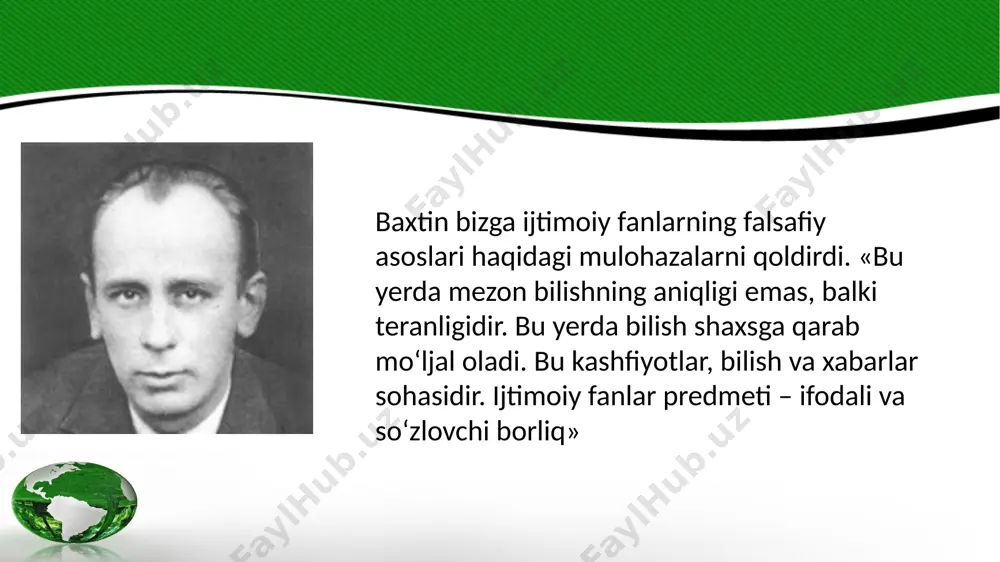 h va tanlashning bosh ob’ektiga aylanadi. epistemologik tadqiqot uchun matnlar bilan ishlashning yaxlitlik va tarixiylik kabi tamoyillari muhimdir. yaxlitlik yaxlitlik matn parchalari, u yoki bu tarkibiy birliklarini faqat butun matnga bog‘lab o‘rganishni nazarda tutadi. matnning o‘zi kontekst va tagma’noga bog‘lab o‘rganilishi, ayrim muallif matni uning boshqa matnlari, shuningdek ayni shu yo‘nalishga mansub boshqa mualliflarning matnlari bilan taqqoslanishi lozim tarixiylik yaxlit yondashuv matnning yashirin elementlarini taxmin qilish, so‘ngra aniqlash va hisobga olish imkonini beradi. bu daraja boshqa muhimroq yaxlitlik – matnning ijtimoiy-tarixiy shartsharoitlar, umuman jamiyat madaniyati bilan bog‘liqligini anglab yetishni nazarda tutadi. e’tiboringiz uchun rahmat! media1.wmv image1.png image3.png image4.jpeg image5.jpeg image6.png image2.png /docprops/thumbnail.jpeg