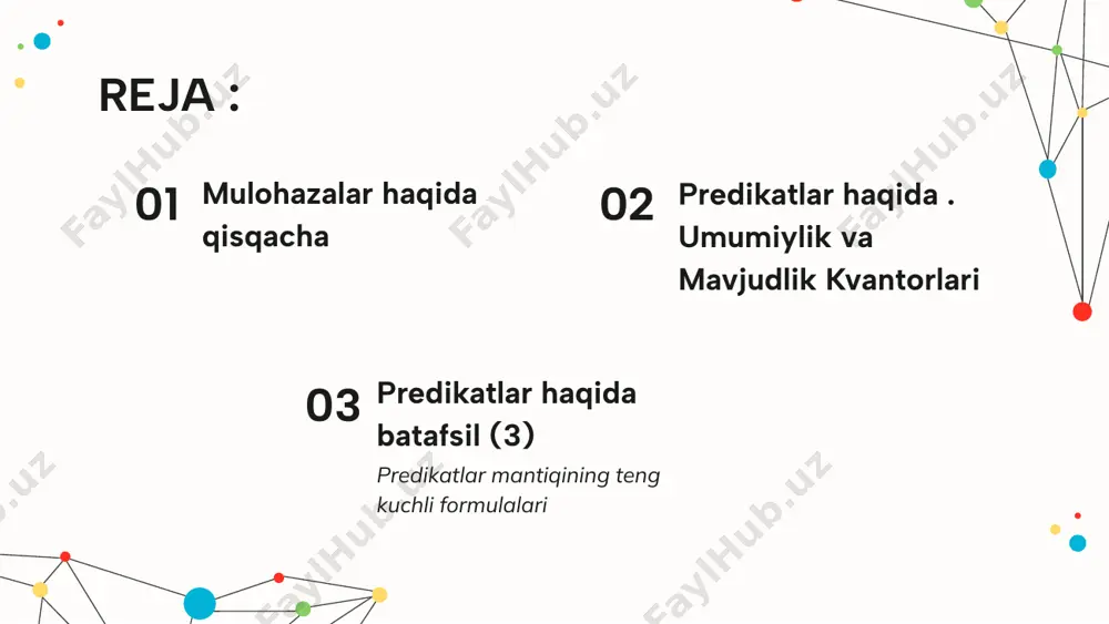 deb aytiladi . umumiylik kvantori m to’plamda aniqlangan p(x) predikat m to’plamdan olingan har qanday x uchun p(x) chin qiymat qabul qilsa , bu predikat x ga bog’liq bo’lmay qoladi va mulohazaga aylanadi va xp(x) kabi belgilanadi . mavjudlik kvantori m to’plamda aniqlangan p(x) predikat m to’plamdan olingan kamida 1 ta x uchun p(x) chin qiymat qabul qilsa , bu predikat x ga bog’liq bo’lmay qoladi va mulohazaga aylanadi va xp(x) kabi belgilanadi . 03 predikatlar haqida 3 predikatlar ustida mantiqiy amallar predikatlar mantiqining formulasi va qiymati predikatlar mantiqining teng kuchli formulalari 1 2 3 predikatlar ustida mantiqiy amallar a(x) va b(x) predikatlarning kon’yunksiyasi(a(x) a(x) va b(x) predikatlar bir vaqtda chin qiymat qabul qilganida chin qiymat , qolgan hollarda esa yolg’on qiymat qabul qiladigan yangi predikatga aytiladi va uning chinlik sohasi ( ia ib ) to’plamdan iborat . a(x) va b(x) predikatlarning dizyunksiyasi(a(x)vb(x)) a(x) va b(x) predikatlarning dizyunksiyasi deb ikkala …