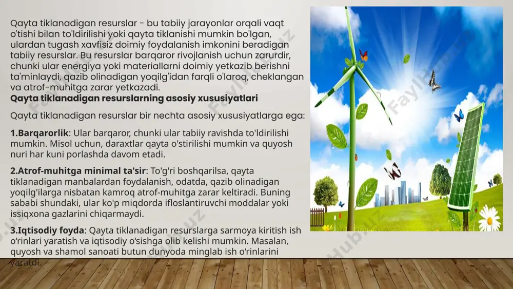 a: energiya ishlab chiqarish ekologik muvozanat va barqarorlikni qo'llab-quvvatlashini ta'minlab, qayta tiklanadigan tabiat va atrof-muhit afzalliklarini ta'kidlaydi. qayta tiklanadigan energiya kengroq kategoriya bo'lib, u to'ldirilishi mumkin bo'lgan manbalarni o'z ichiga oladi, toza va yashil energiya esa ko'proq ushbu manbalarning atrof-muhitga ta'siri va afzalliklariga qaratilgan. xulosa qayta tiklanadigan manbalarni kundalik hayotimizga va energiya tizimlariga kiritish uglerod izimizni kamaytirish va atrof-muhitni muhofaza qilishni rag'batlantirish yo'lidagi muhim qadamdir. texnologiya rivojlanishda davom etar ekan va qayta tiklanadigan yechimlar mavjud bo'lib qolar ekan, biz energiya nafaqat mo'l-ko'l, balki sayyoramiz uchun ham mehribon bo'lgan kelajakka umid qilishimiz mumkin. 11 shuningdek, ushbu loyiha doirasida 2023–2025-yillarda amalga oshiriladigan ishlarni moliyalashtirish maqsadida yevropa ittifoqining 6,1 mln yevro grant mablag‘lari jalb qilindi. shu bilan birga, joriy yilning oktabr oyidagi o‘zbekiston respublikasi delegatsiyasining fransiyaga tashrifi doirasida “yashil” iqtisodiyot tamoyillari asosida viloyatlar (shaharlar)ning bosh rejalarini ishlab chiqish va amalga oshirish” loyiha doirasida 100 mln yevro jalb qilinish bo‘yicha dastlabki kelishuvga erishilgan. 3. …