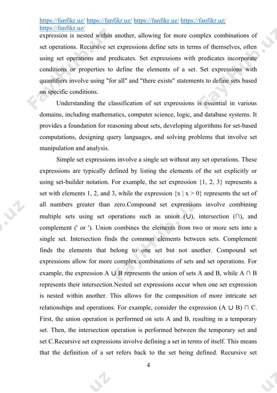 in properties or characteristics that the elements of a set must satisfy. for example, the set expression {x | x is even} represents the set of all even numbers, where the predicate "x is even" determines membership in the set.set expressions can involve quantifiers such as "for all" (∀) and "there exists" (∃) to define sets based on specific conditions. quantifiers allow us to make statements about the entire set or specific elements within the set. for example, the set expression {x | ∀y ∈ a, x $1000) and (customer location != transaction location), then classify as 'fraudulent'."to classify new data instances using rule-based classification, the generated rules are applied to the input data. each rule is evaluated for its conditions, and if the conditions are met, the corresponding class label is assigned to the data instance. in cases where multiple rules match the data instance, conflict resolution strategies are …