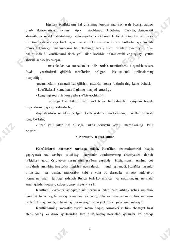 hal qilinishi natijalari haqida fuqarolarning ijobiy xabardorligi; -foydalanilishi mumkin bo`lgan kuch ishlatish vositalarining taraflar o`rtasida teng bo`lishi; - tinch yo`l bilan hal qilishga imkon beruvchi yetarli sharoitlarning ko`p bo`lishi1. 3. normativ mexanizmlar konfliktlarni normativ tartibga solish. konfliktni institutlashtirish haqida gapirganda uni tartibga solishdagi normativ yondashuvning ahamiyatini alohida ta`kidlash zarur. xulq-atvor normalarini ma`lum darajada institutsional tuzilma deb hisoblash mumkin, institutlar tegishli normalarsiz amal qilmaydi. konflikt insonlar o`rtasidagi har qanday munosabat kabi u yoki bu darajada ijtimoiy xulq-atvor normalari bilan tartibga solinadi. bunda turli ko`rinishda va mazmundagi normalar amal qiladi: huquqiy, axloqiy, diniy, siyosiy va h. konfliktli vaziyatni axloqiy, diniy normalar bilan ham tartibga solish mumkin. konflikt bilan bog`liq axloq normalari odatda og`zaki va umuman aniq shakllanmagan bo`ladi. biroq, amaliyotda axloq normalariga murojaat qilish juda kam uchraydi. konfliktlarning normativ tasnifi uchun huquq normalari muhim ahamiyat kasb etadi. axloq va diniy qoidalardan farq qilib, huquq normalari qonunlar va boshqa hujjatlarda mustahkamlanadi va davlat …